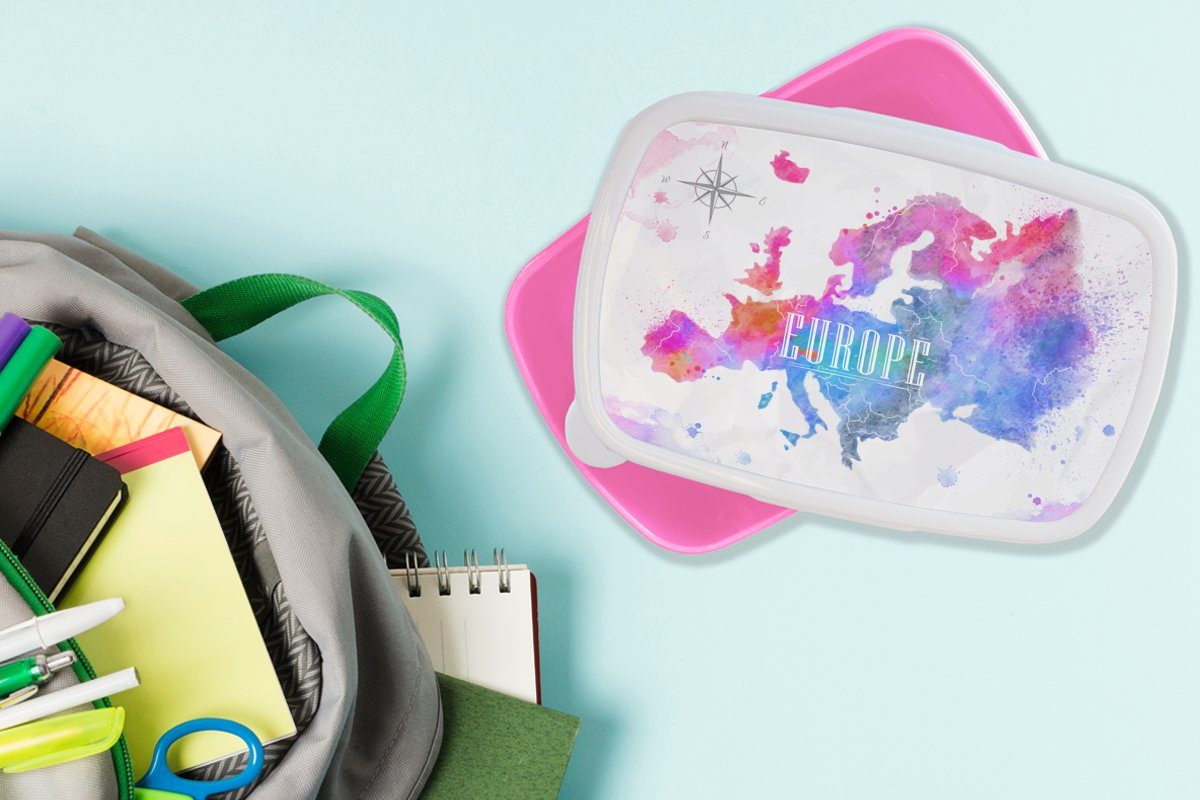 Europa, - Brotdose Lunchbox Kunststoff, Erwachsene, Mädchen, für Kunststoff Farben Wasserfarben MuchoWow Brotbox Kinder, Snackbox, (2-tlg), - rosa