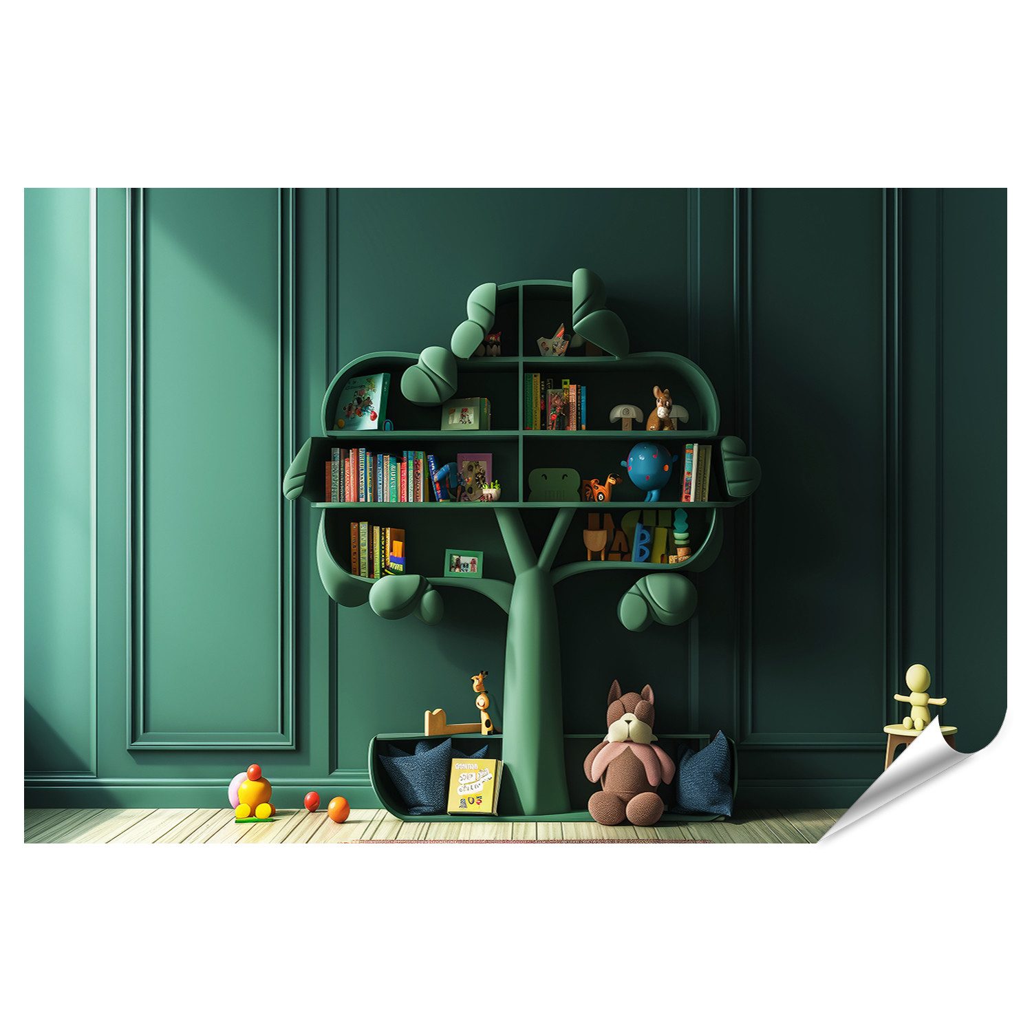 islandburner Poster Innenraum mit baumförmigem Kinderbuchregal in Pastellgrün, kreatives A