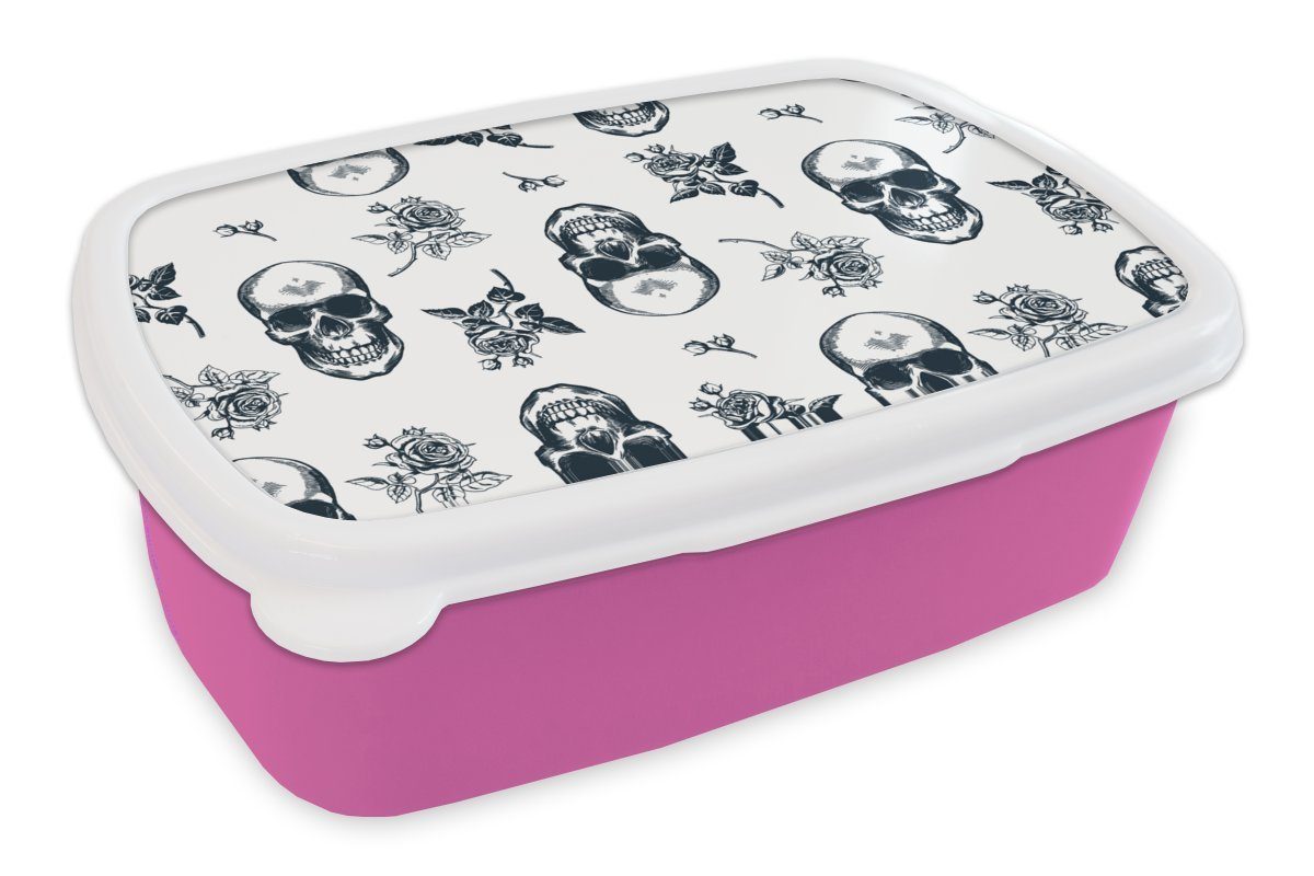 MuchoWow Lunchbox Teens - Totenkopf - Muster, Kunststoff, (2-tlg), Brotbox für Erwachsene, Brotdose Kinder, Snackbox, Mädchen, Kunststoff rosa