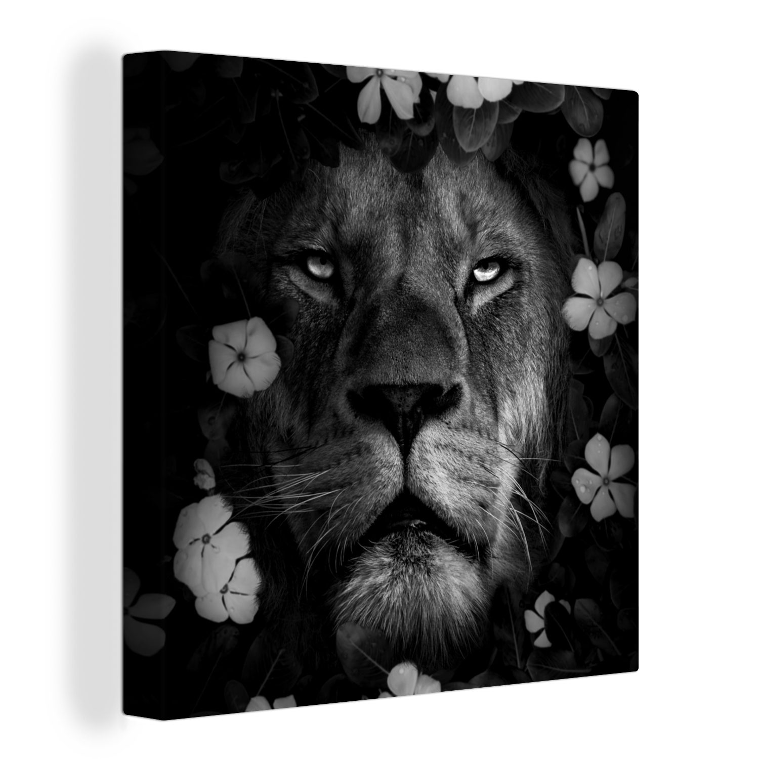 OneMillionCanvasses® Leinwandbild Blumen - Dschungel - Löwe - Schwarz - Weiß, (1 St), Leinwand Bilder für Wohnzimmer Schlafzimmer | Leinwandbilder