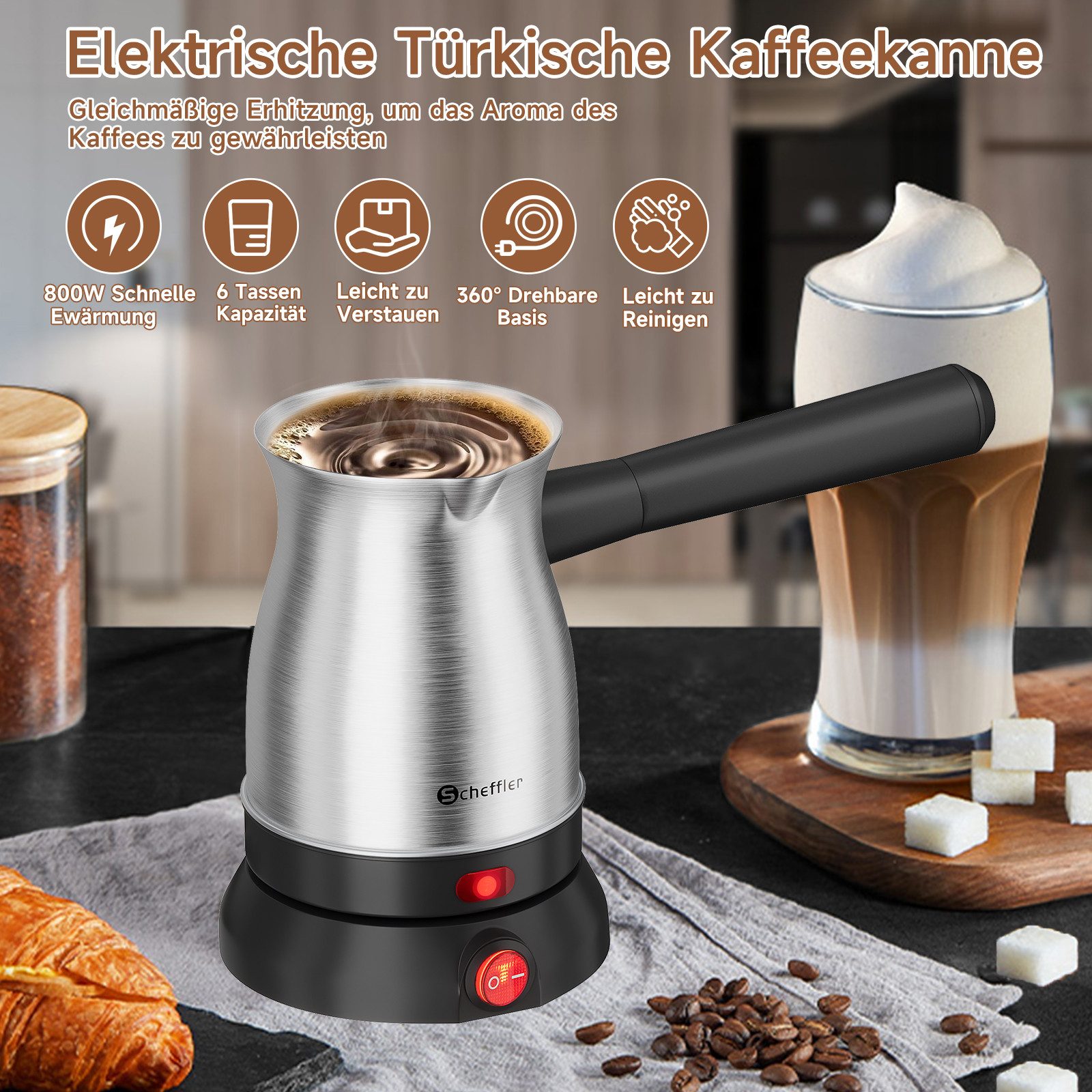 Scheffler Kaffeekanne Edelstahl Kaffeemaschinen Türkische Kaffeekocher French Press, 0,5 l, (1-St., Milchkanne), Abnehmbarer Griff, LED-Kochanzeige Für Zuhause Büro Reisen