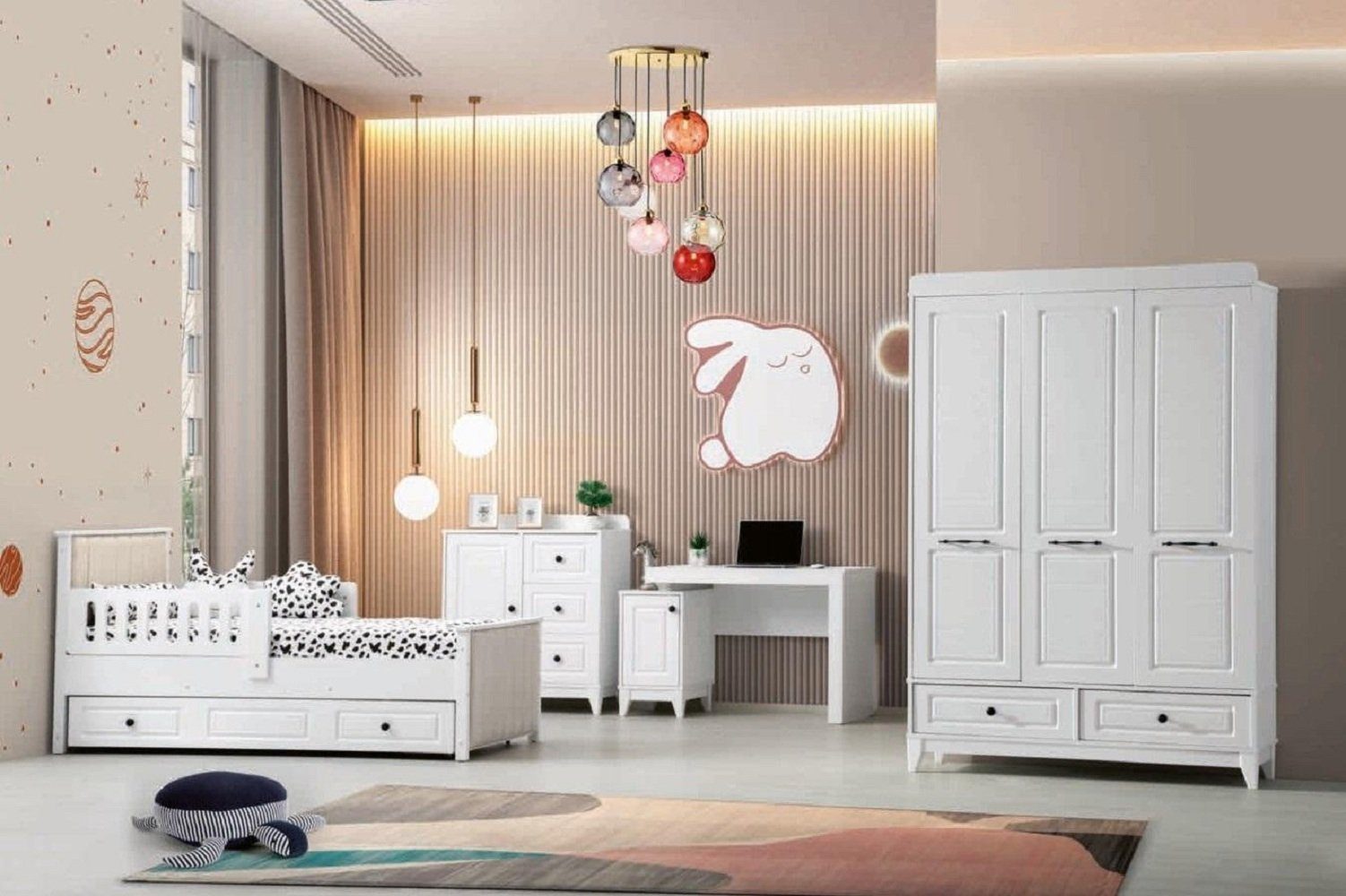 JVmoebel Schlafzimmer-Set Modern Komplett Jugendzimmer Luxus Kinderzimmer Set 4tlg Weiß Farbe, (4-St., 1x Bett + 1x Kleiderschrank + 1x Kommode + 1x Schreibtisch), Made in Europa