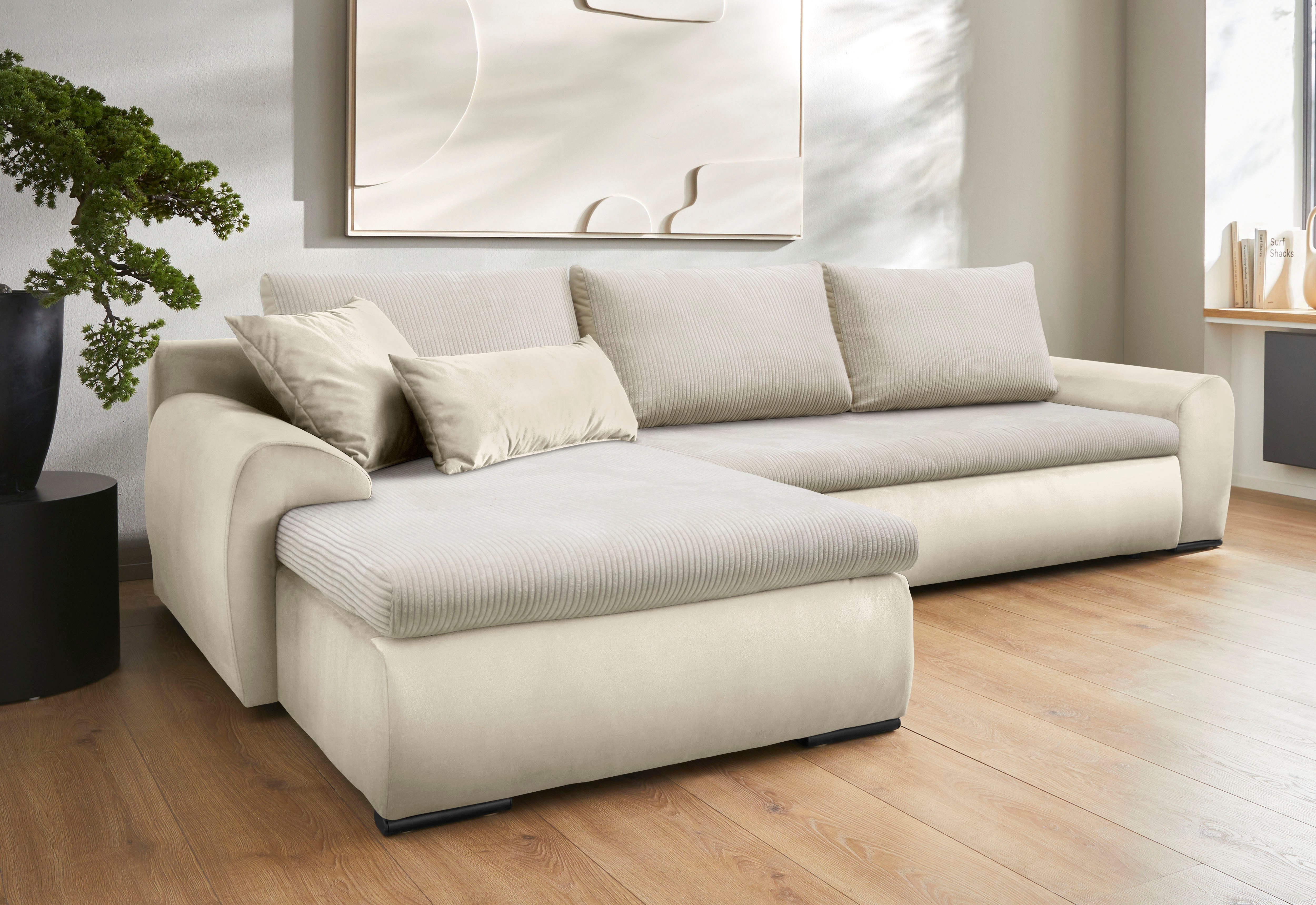 Home affaire Ecksofa Win, L-Form, Breite 285cm, optional mit Schlaffunktion und Bettkasten, beige, Cord