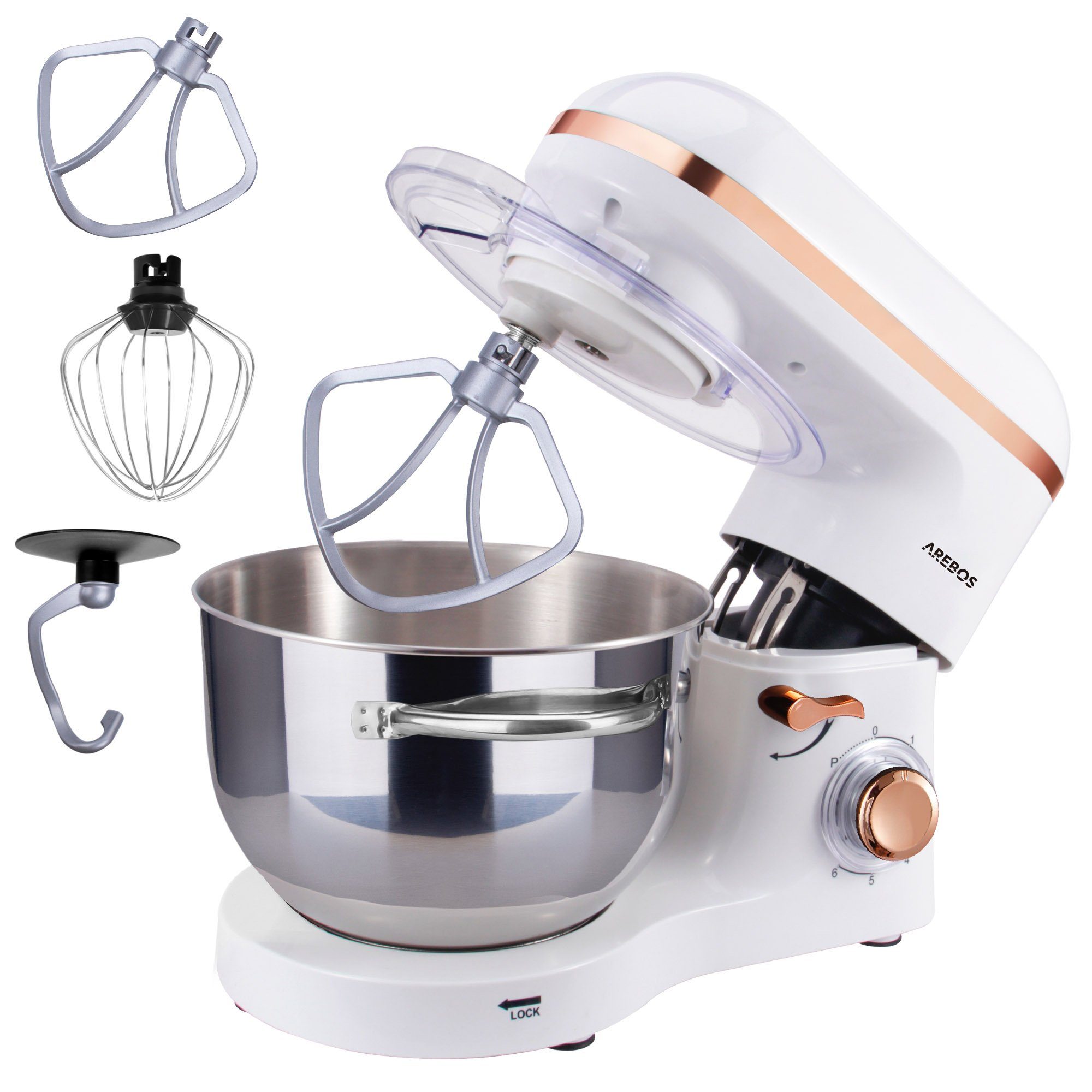 Arebos Küchenmaschine 6L Edelstahl-Rührschüssel, 1500 W, inkl. Rührhaken, Knethaken, Schneebesen, Spritzschutz