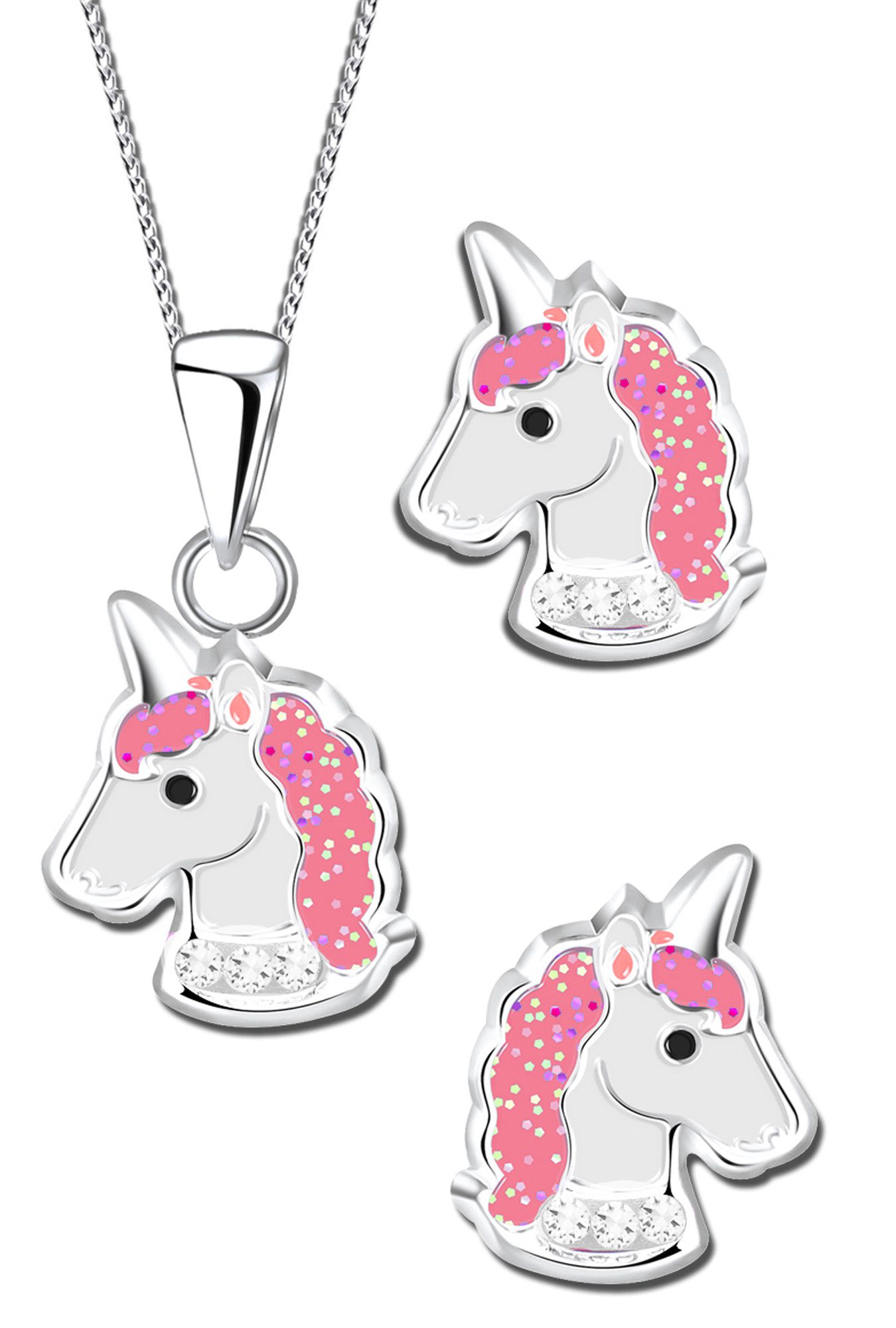 Limana Schmuckset 925 Silber Einhorn Pferde Halskette Kette mit Ohrringe Ohrstecker (inkl. Geschenkdose mit Gravur), Geschenkidee Geschenk für Kinder Mädchen Echtschmuck Glitzer