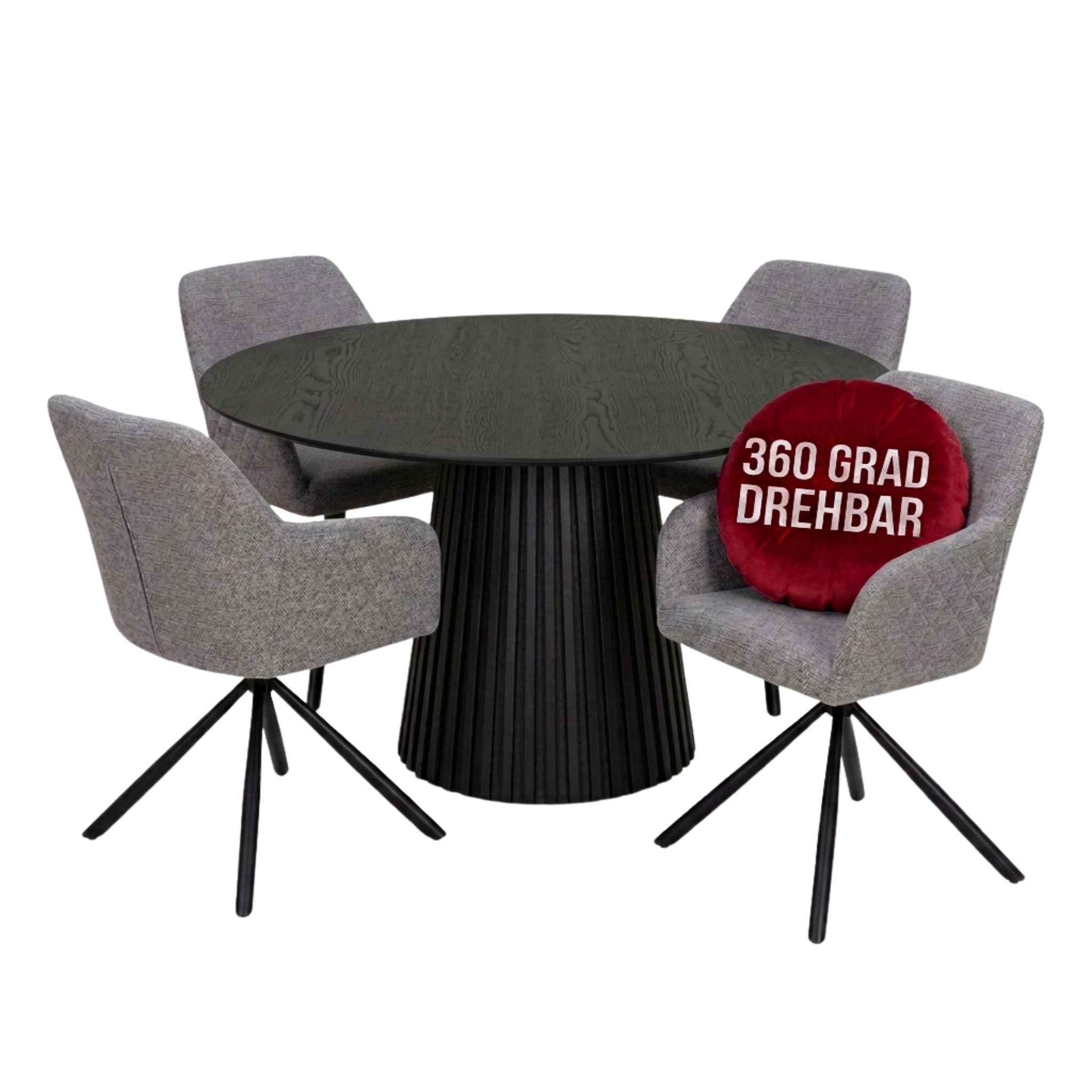 MR.DEKO Esszimmer-Set Essgruppe Cuneo mouse grey & Tisch Andria black 120cm Sitzgruppe, (5-teiliges Essgruppe-Set mit 4 Sesseln & Eichentisch, 5-St., Esszimmer-Set für 4 Personen), 4 drehbare Sessel in Grau & runder Tisch aus Eichenholz