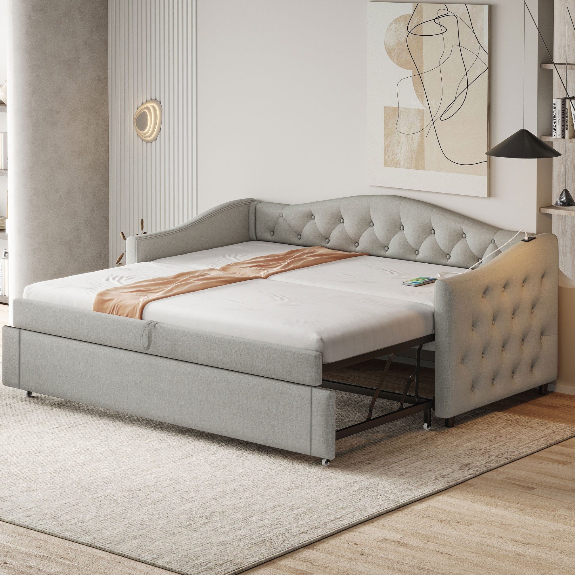 BlingBin Schlafsofa Polsterbett, Ausziehbares Schlafsofa, Einzelbett, Jugendbett, 90x200cm, 1er Set 1 Teile, Multifunktionsbett - Gästebett, Leinenstoff, Rosa