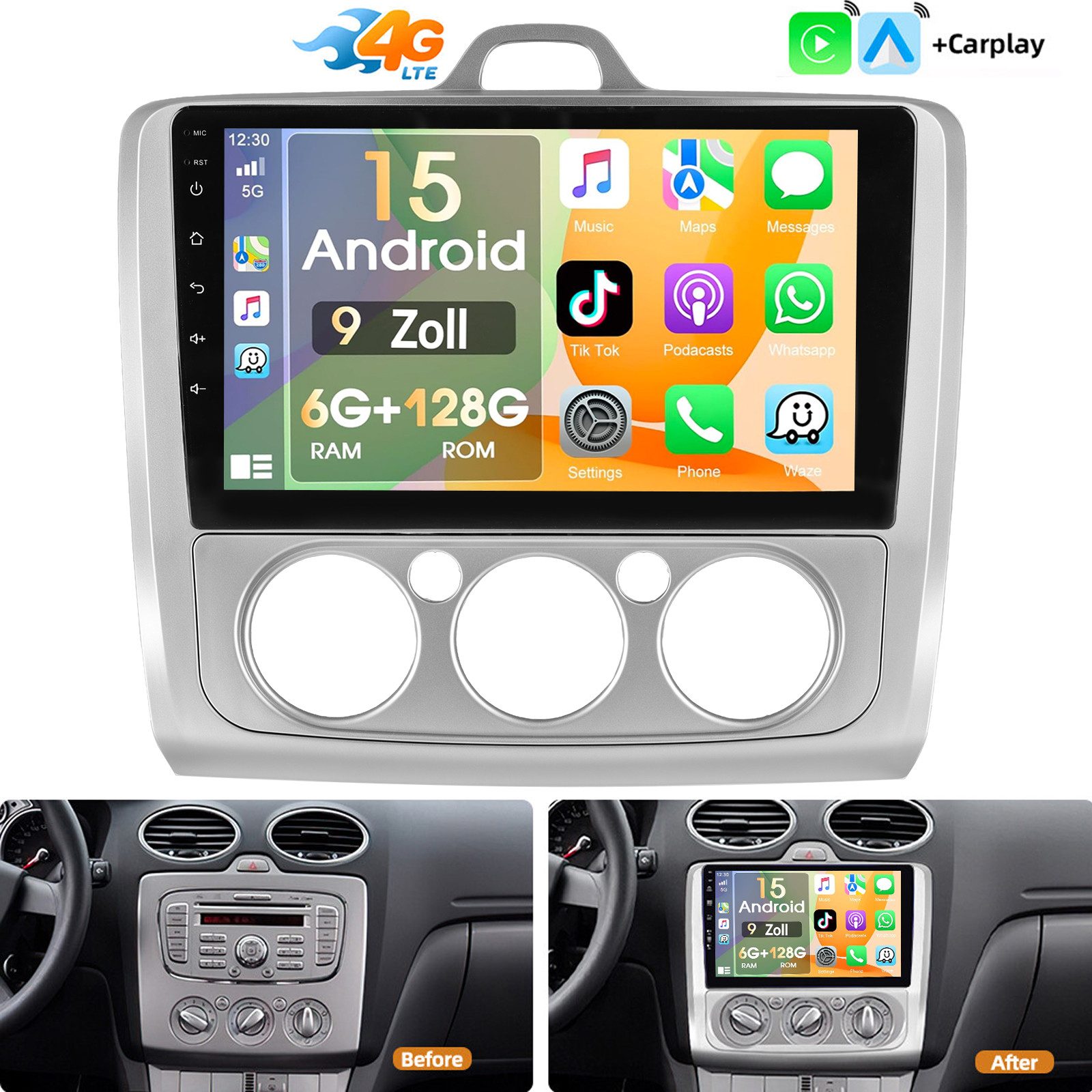 ESSGOO 6+128G Carplay Autoradio Android15 GPS Für Ford Focus MK2 II 2004-2011 Autoradio (RDS, Digitalradio (DAB), FM, 6+128GB(optional), SWC, Carplay Android Auto Bluetooth EQ USB GPS Navi WIFI Touchscreen)