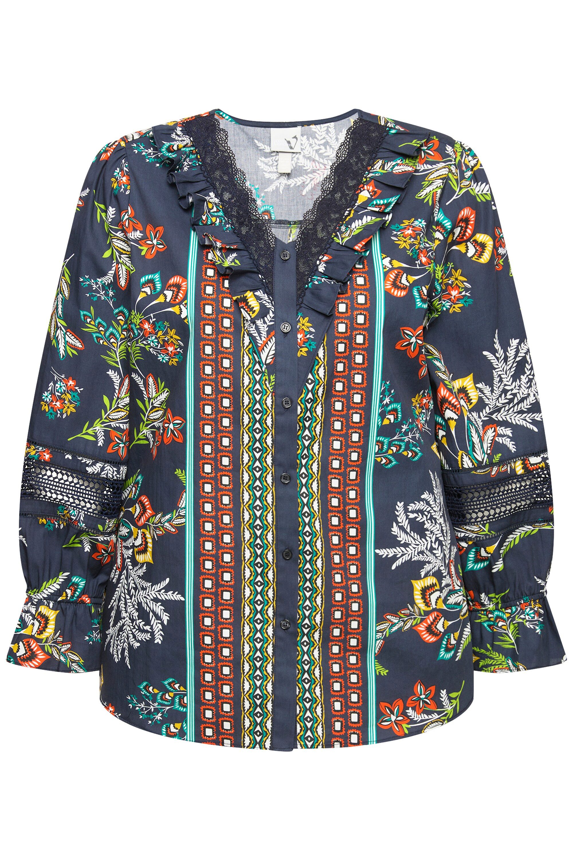 Ulla Popken Longbluse Bluse Spitze Rüschen V-Ausschnitt Langarm