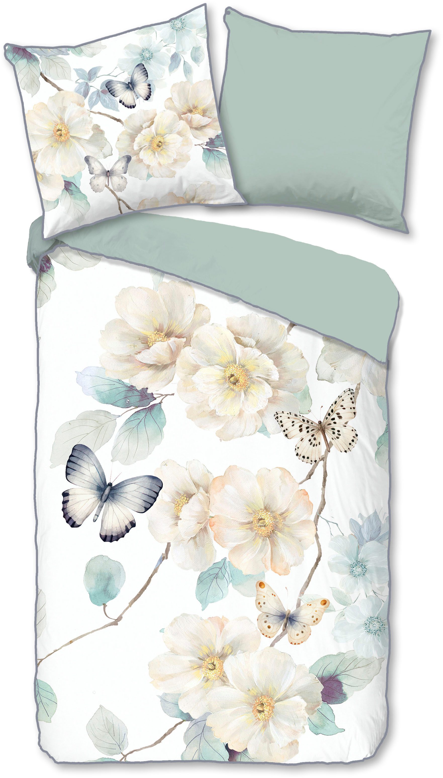 Descanso Wendebettwäsche Adiwanya, Mako-Satin, Renforcé, Satin, 2 teilig, Satin, Reißverschluss, Paspel, Biese, Wendeoptik, Luxe, Blumen, weiß