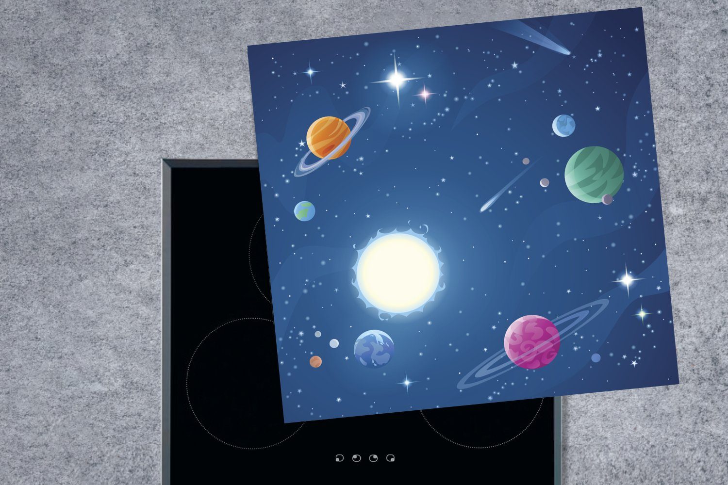 Eine Planeten Weltraums, MuchoWow 78x78 Vinyl, Herdblende-/Abdeckplatte küche Illustration des cm, mit Ceranfeldabdeckung, (1 tlg), Arbeitsplatte für gefüllten