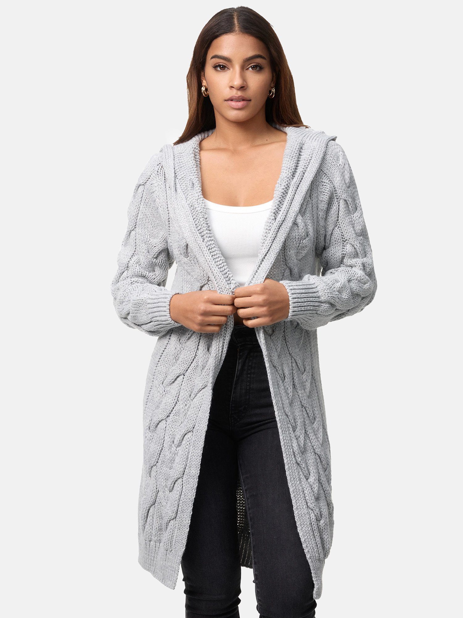 Elara Maxikleid Elara Damen Kapuze Cardigan (1-tlg) mit Hellgrau