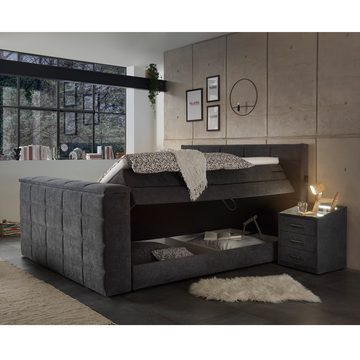 Lomadox Boxspringbett DURAZNO-09, 180x200 cm mit TV-Halterung mit Bettkasten Hotelbett in anthrazit