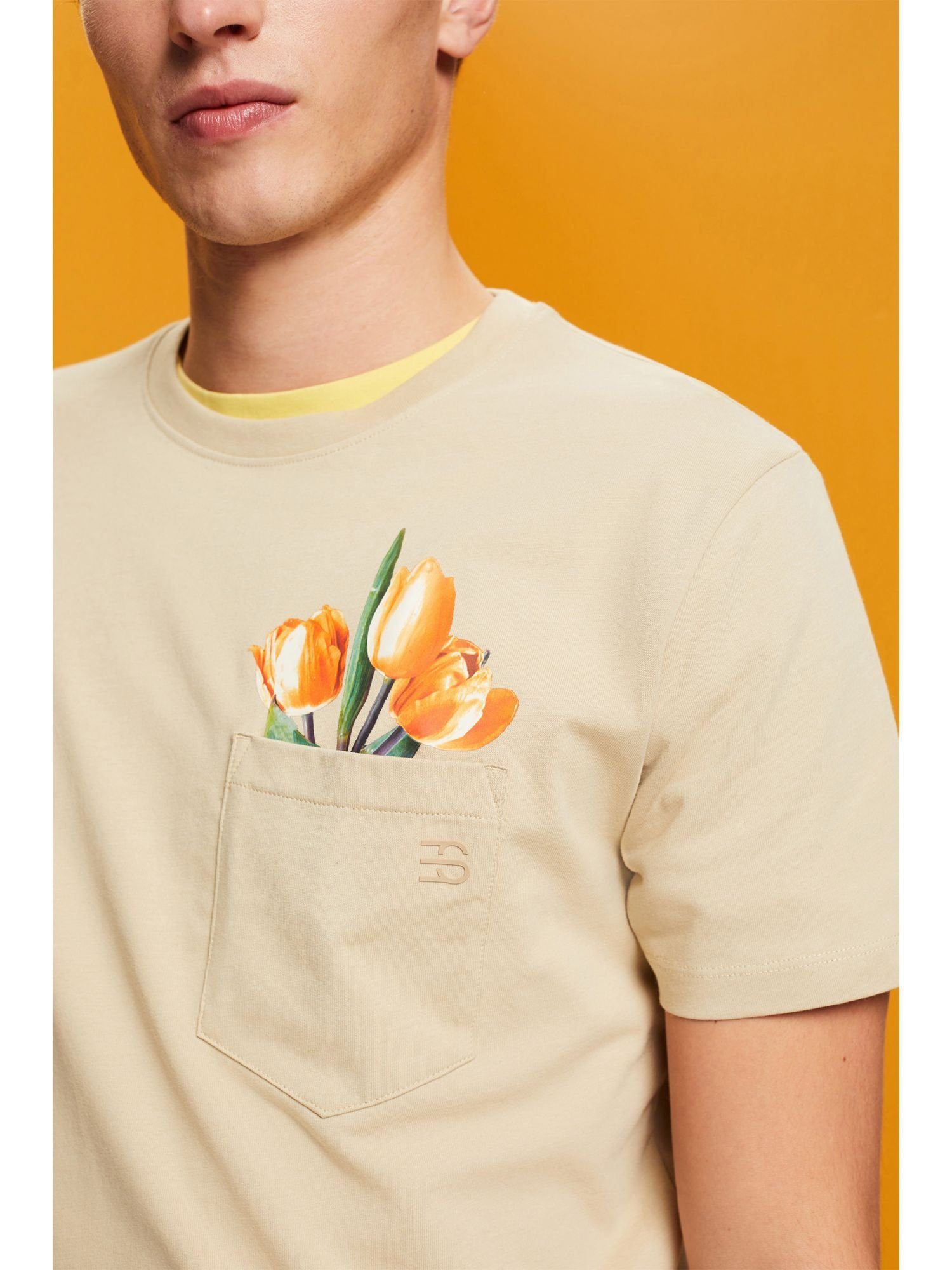 Esprit Jersey-T-Shirt 100% mit KHAKI (1-tlg) Print, T-Shirt Baumwolle BEIGE