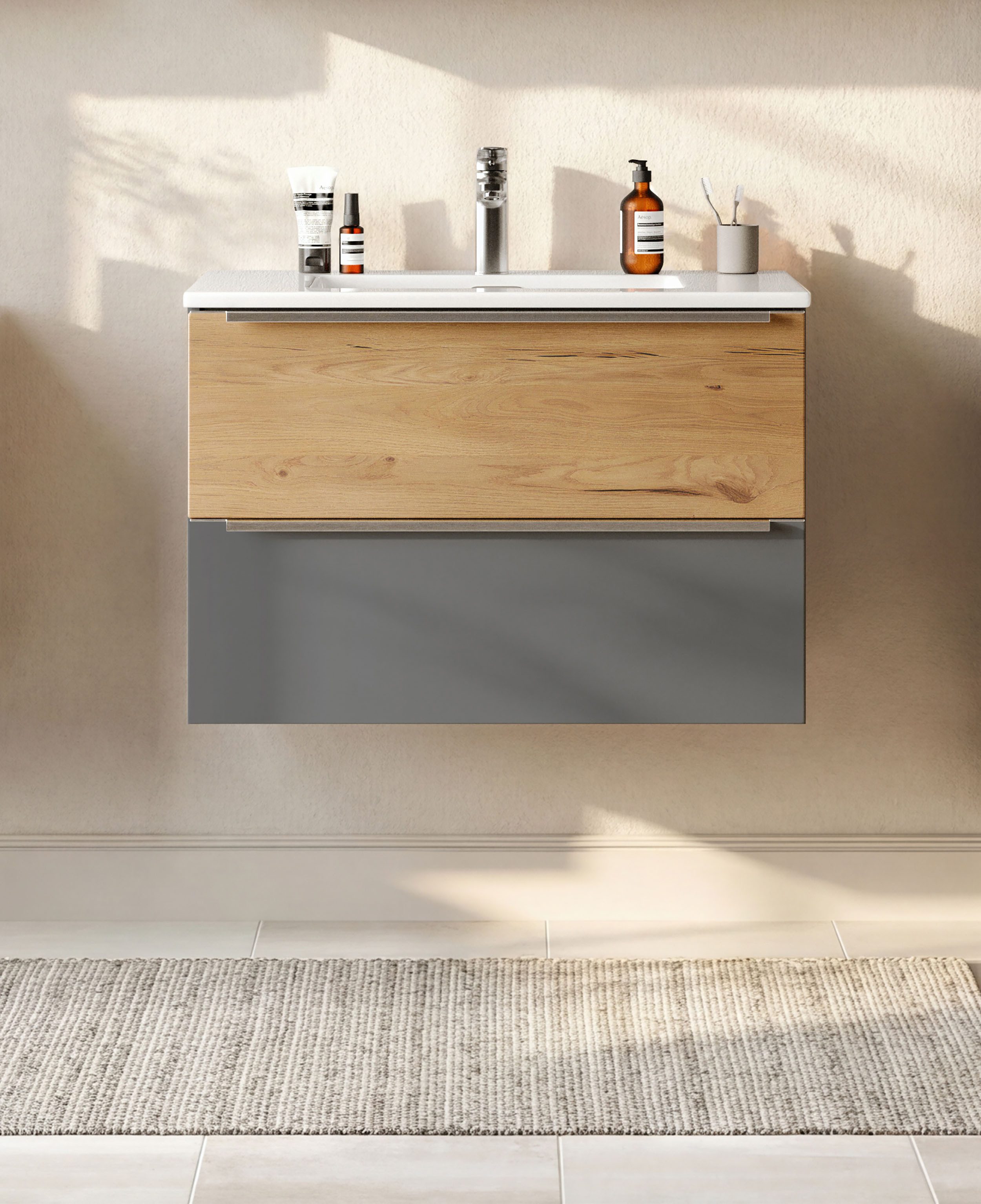 welltime Waschtisch TRIENT, Softclose-Auszüge, Mineralgussbecken (Maße (B/H/T): ca. 80/54/47 cm), matt onyx-grey/wildeiche, Mineralgussbecken