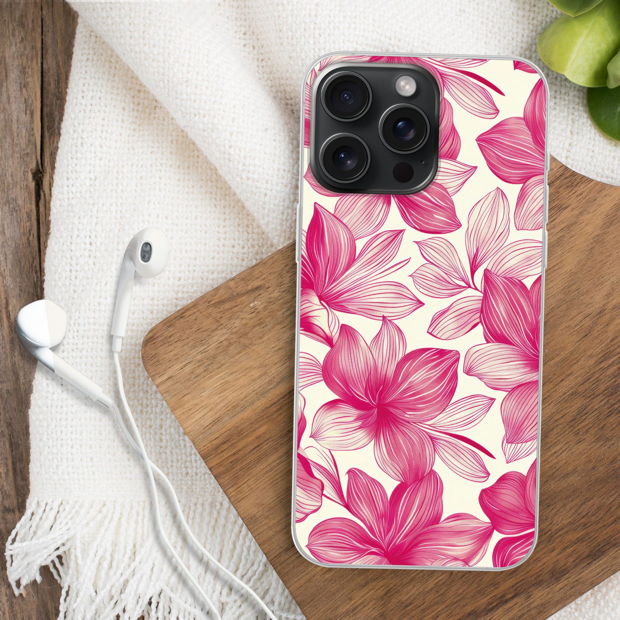 MuchoWow Handyhülle für Apple iPhone 15 Pro Max Blumen - Muster - Rosa - Weiß, Smartphone-Bumper, Print, Handy Schutzhülle Dünn