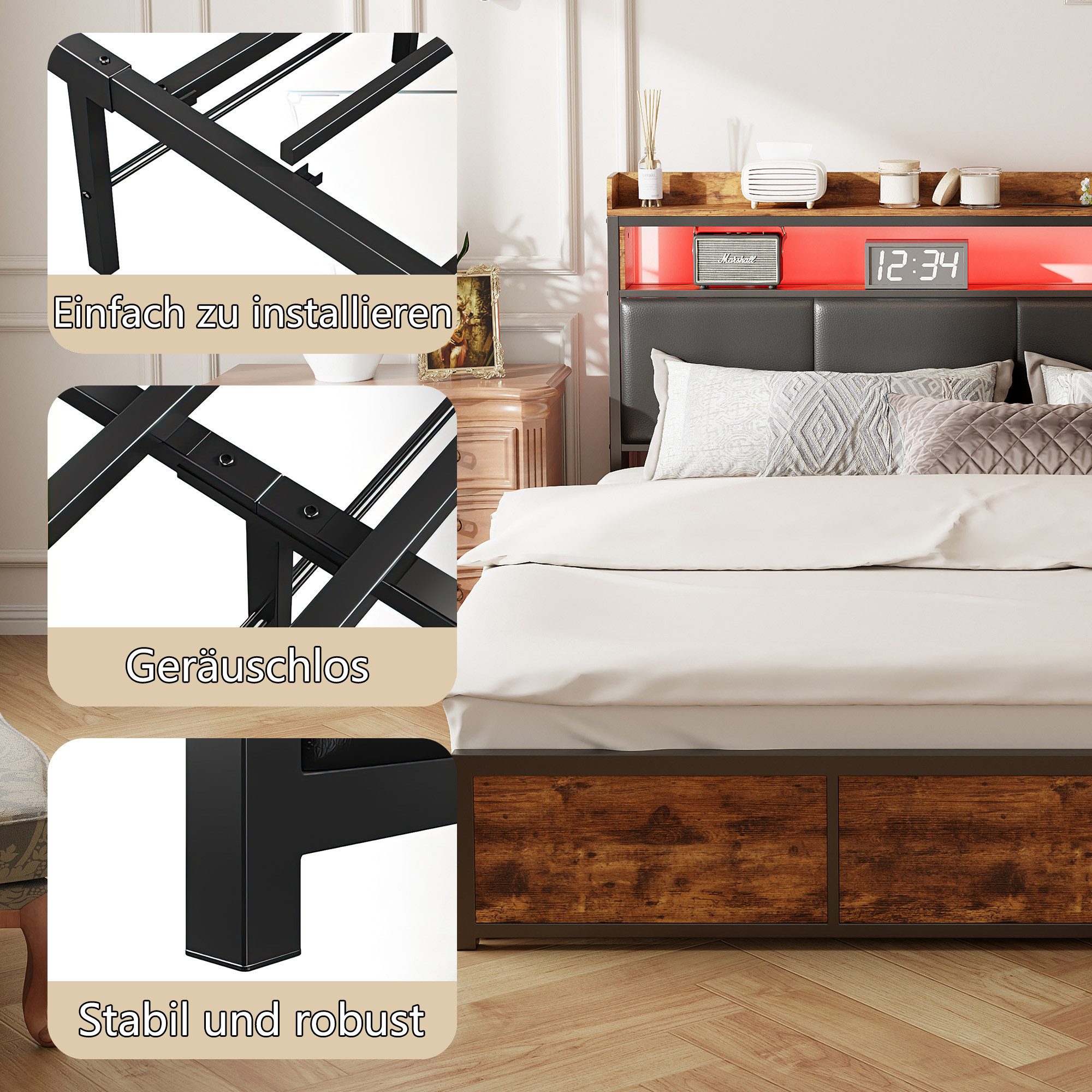 zebery Stauraumbett Polsterbett Doppelbett Mit 4 Schubladen (Packung, 1-tlg), 160x200 cm,LED-Leuchten,Mit Kopfteil und Bettgestell,Kunstleder – Bild 4 von 5
