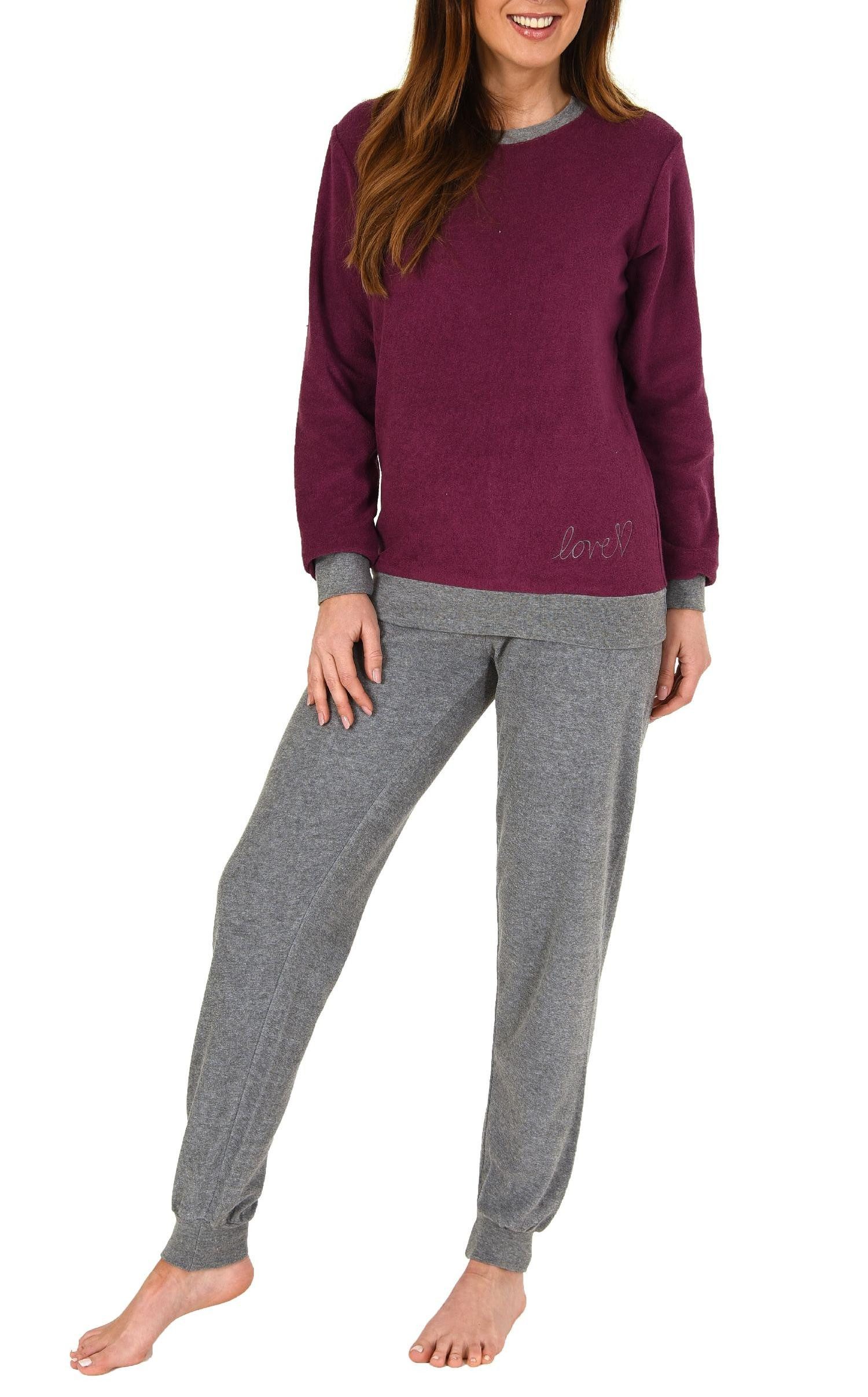 Pyjama Damen langarm Frottee Schlafanzug mit Bündchen