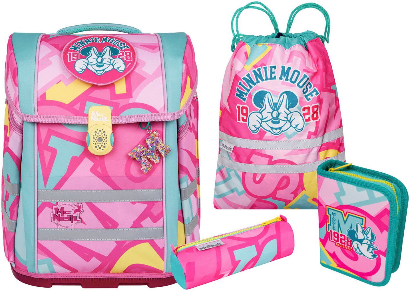 McNeill Schulranzen Perfecto, Disney, Minnie Mouse (Set, 5-tlg), inkl. Federmäppchen, Turnbeutel, Schlamperrolle & Motivmagnet
