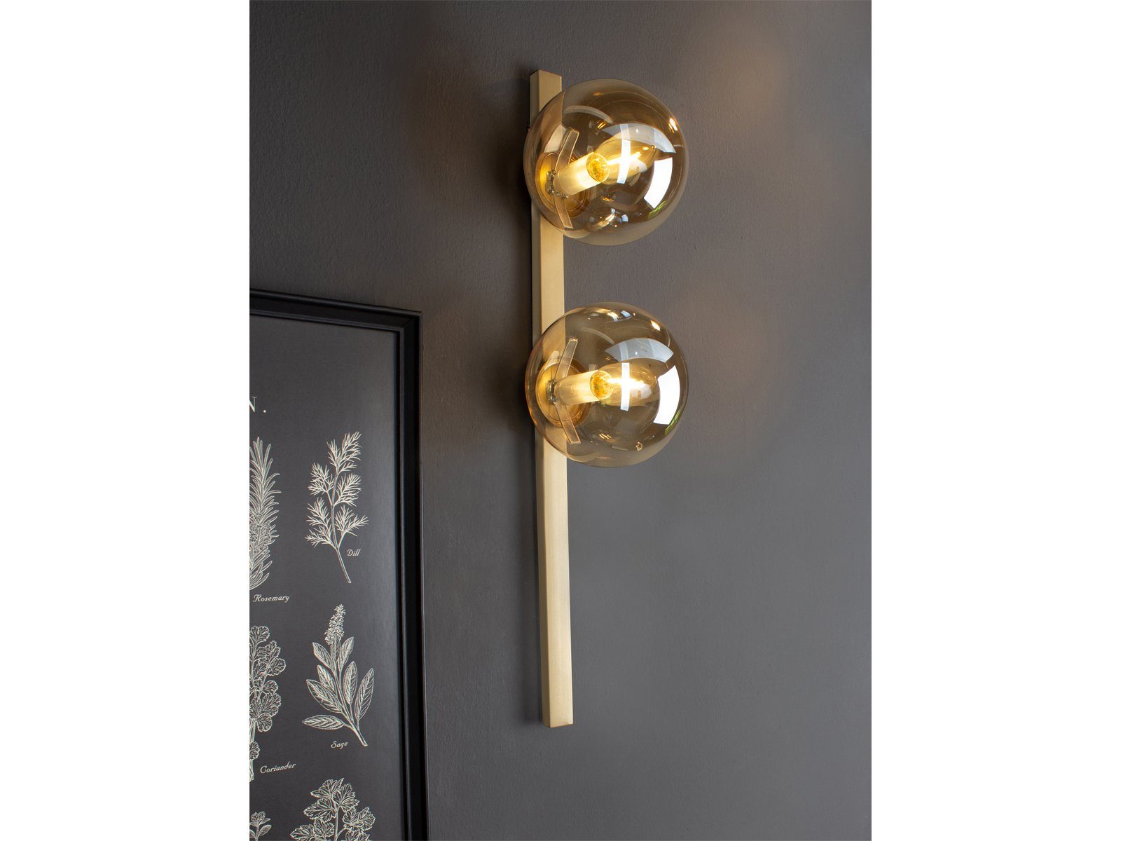 ECO-LIGHT LED Wandleuchte, Dimmfunktion, LED wechselbar, Warmweiß, innen, Bauhaus Lampe mit Schalter, 2x Glas-kugel, Gold-en, H: 60cm