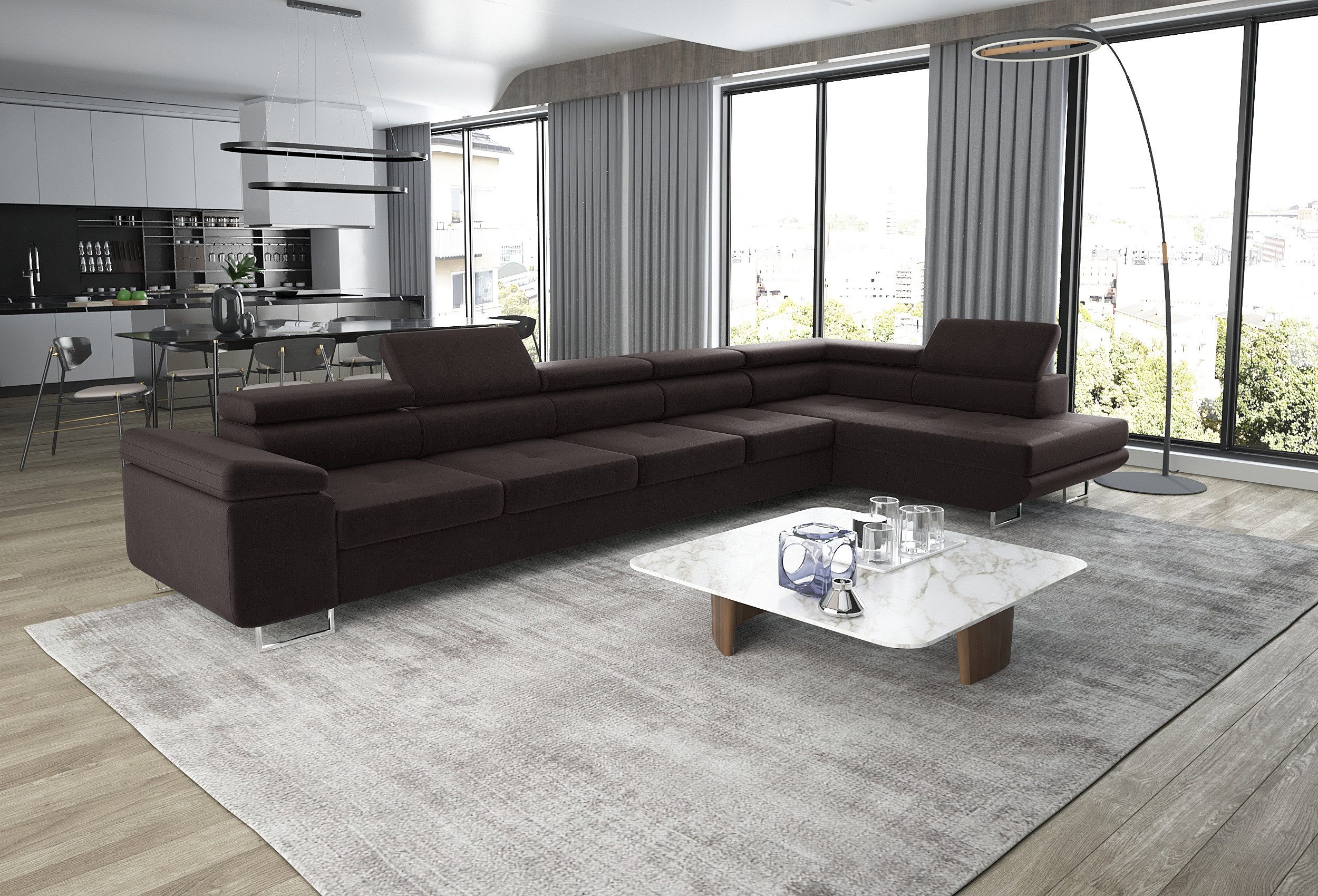 thematys Ecksofa ASTON MAXI 405 x 203cm mit Schlaffunktion & Bettkasten –, L-Sofa mit 5 verstellbaren Kopfstützen, Samt (Monolith), Cord (Poso) - L-Form, XL-Wohnlandschaft, 405 cm breit
