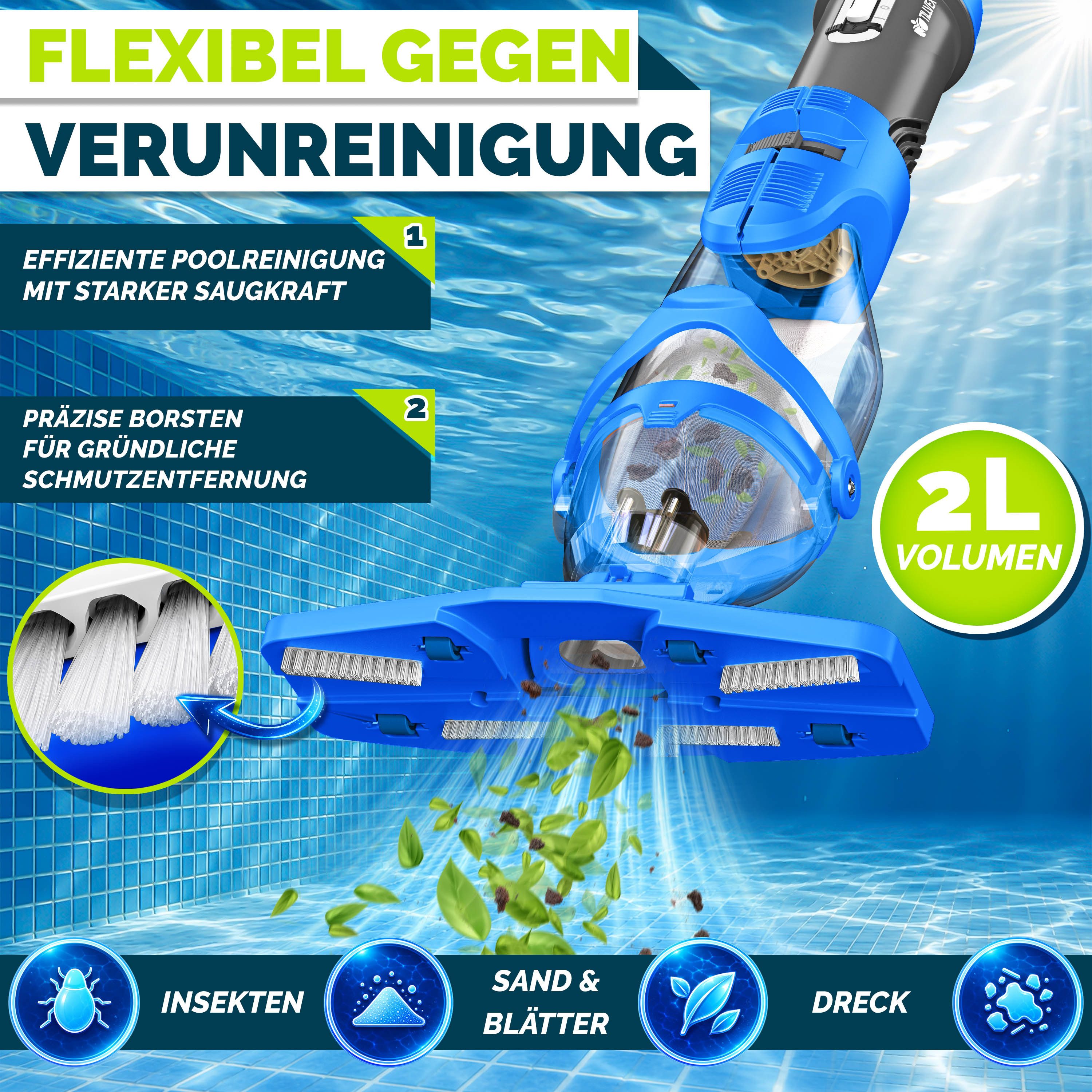 tillvex Poolbodensauger tillvex® Poolsauger Handsauger Bodensauger Reinigungsset Akku Poolrein, (Set)