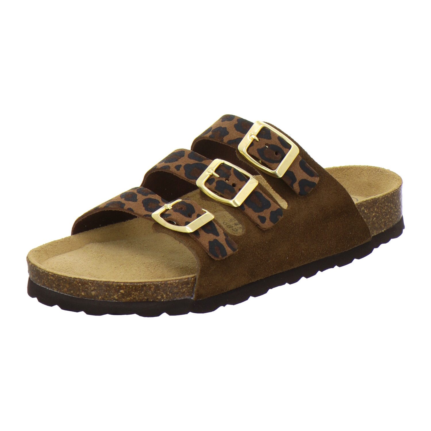 AFS-Schuhe 213393 Dreischnaller Pantolette für Damen mit Fußbett, bequeme Sandalen aus Leder
