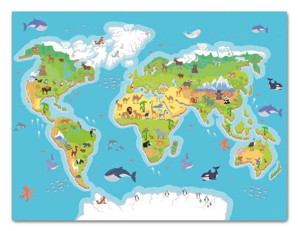 wandmotiv24 Leinwandbild Weltkarte, Querformat, Kinder Landkarte, Tiere der  Welt, Weltkarten (1 St), Wandbild, Wanddeko, Leinwandbilder in versch.  Größen