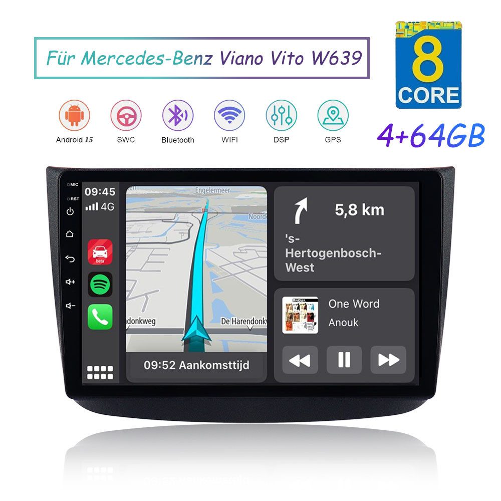A-Sure Für Mercedes-Benz Viano Vito W639 2003-2012 10.1" Android 15 4+64G SWC Autoradio (Digitalradio (DAB), FM, AM, 1280*800 IPS Screen/8-Core CPU)
