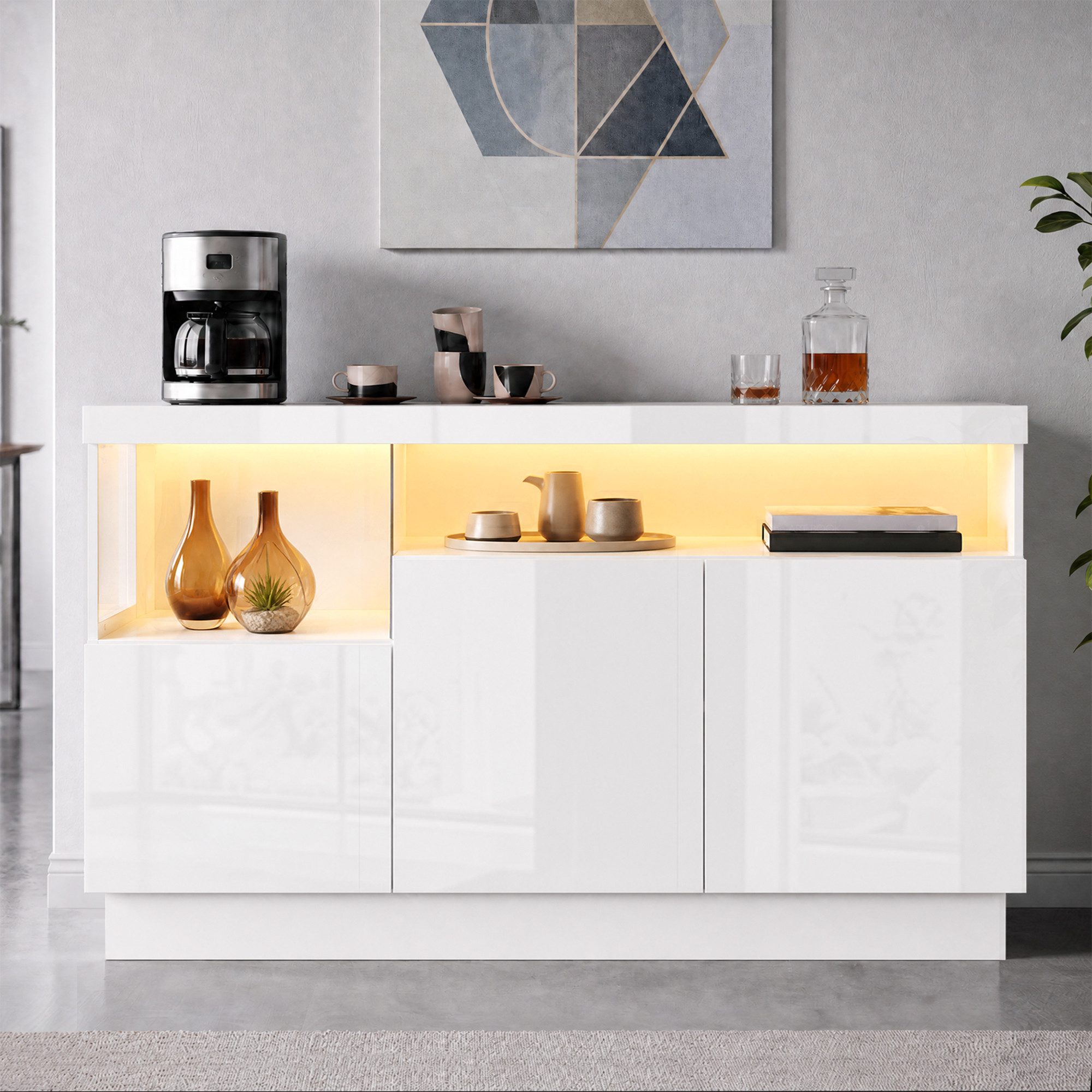 Merax Sideboard hochglanz Wohnzimmerschrank mit LED inkl. APP Steuerung (1 St., Aufbewahrungsschrank Anrichte Buffetschrank), Kommode mit 3 Türen, Acryl Displayfach & Stauraum, 140x36x80cm