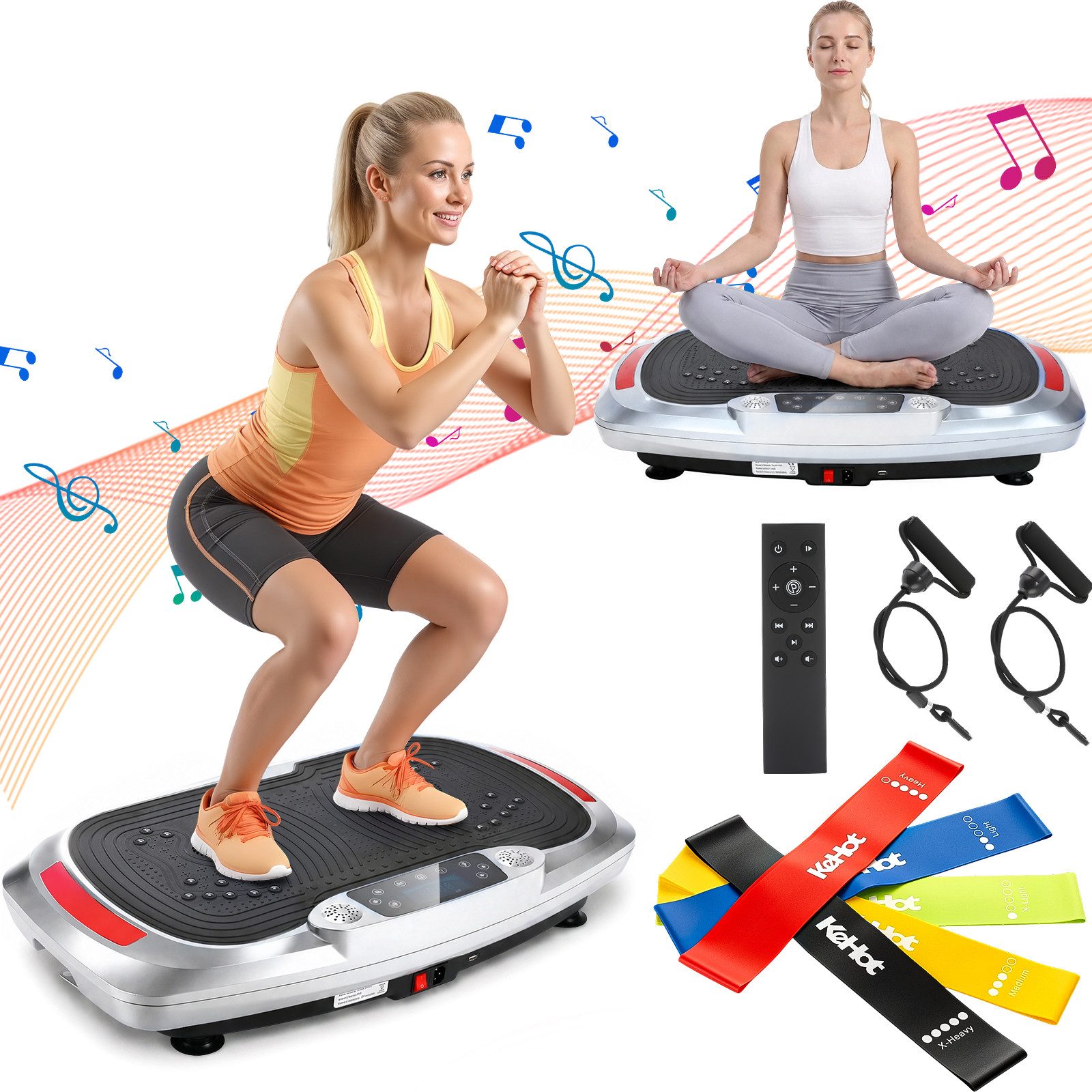 kehot Vibrationsplatte Vibrationsplatte mit 2 Widerstandsbänder, 5 Fitnessbänder, Bluetooth, 300 W, 120 Intensitätsstufen, Rüttelplatte Sport für Zuhause, Ganzkörpertraining für Home Workout