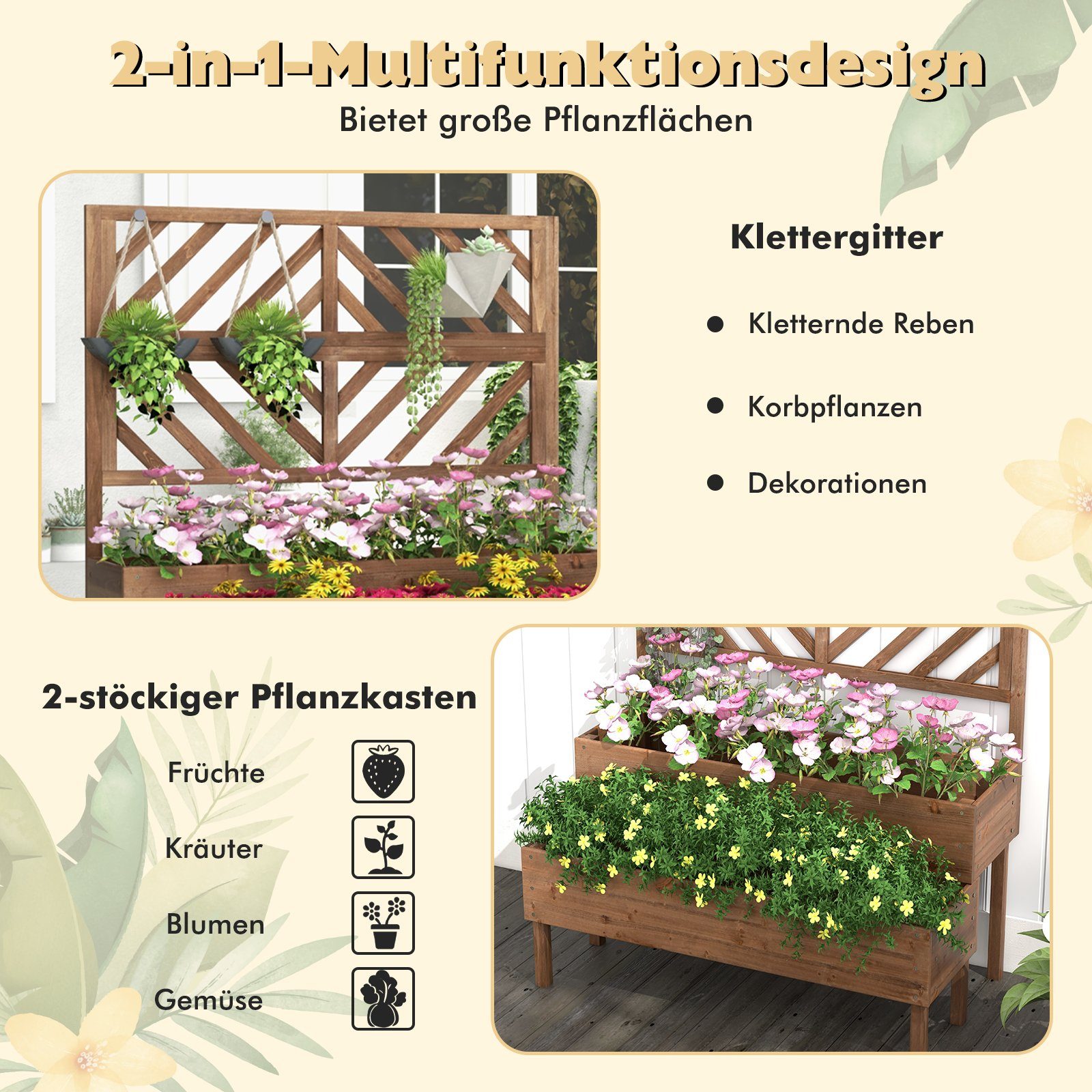 COSTWAY Hochbeet, mit Rankgitter, Spalier, Blumenkasten, aus Tannenholz, für Garten