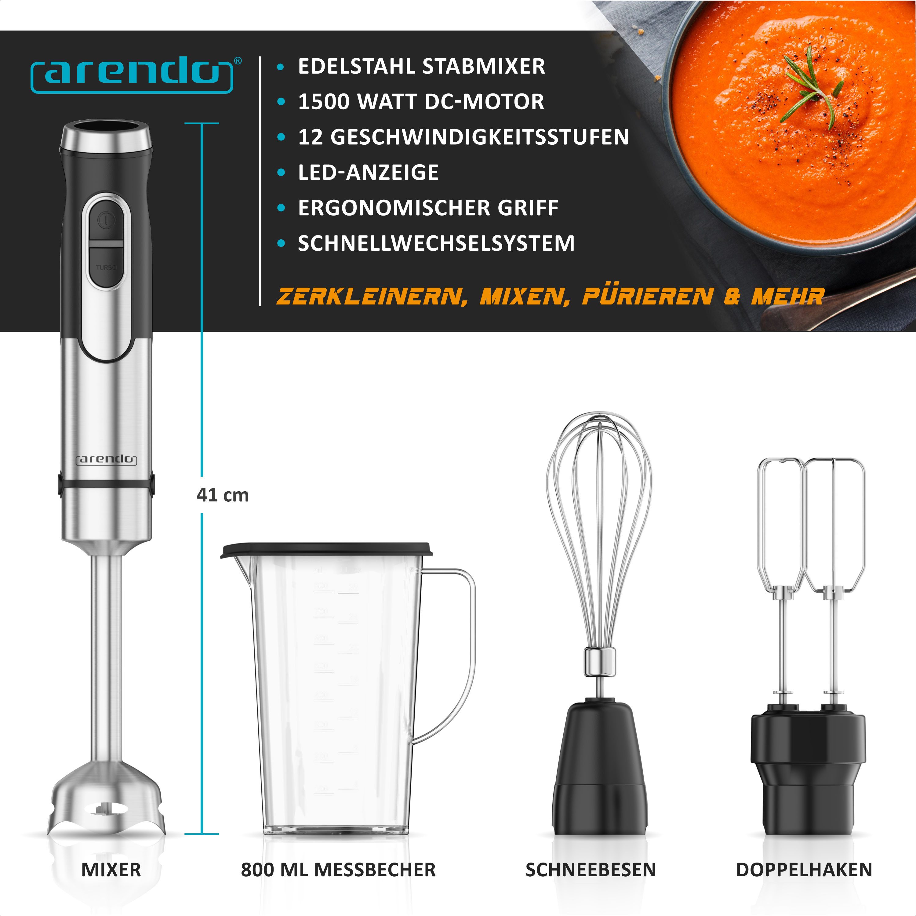 Arendo Stabmixer Edelstahl Pürierstab, Handmixer, Doppelquirl, Schneebesen & Mixbecher, 1500 W, DC-Motor, Turbotaste, Abnehmbarer Mixfuß, 12 Geschwidnigkeitsstufen