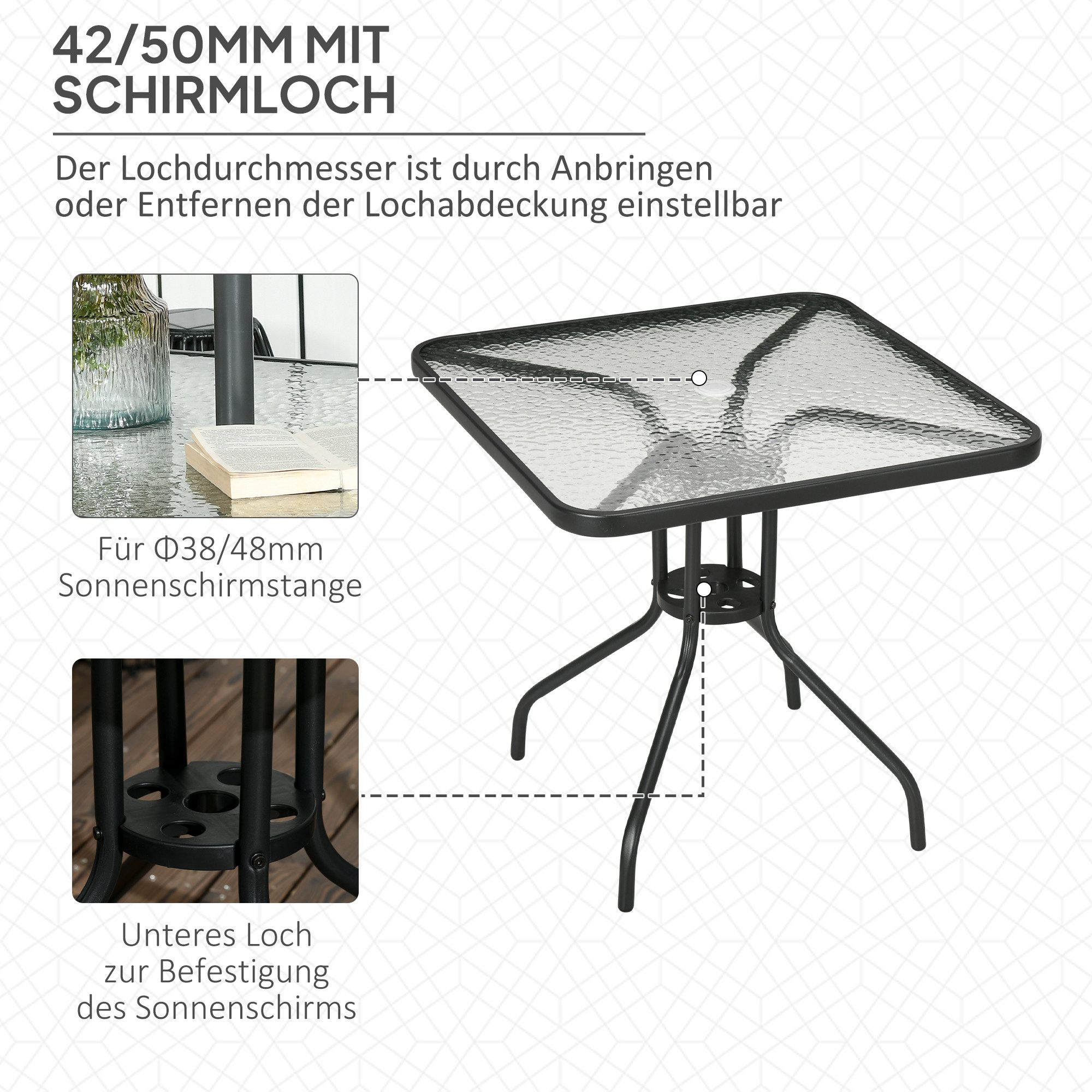 CHICFURN Gartentisch Abnehmbarer Metalltisch 76x76 cm, quadratisch, wetterfest (Packung, 1-St., Mit Schirmloch, rutschfest, für Balkon oder Terrasse), Für Outdoor, Terrasse, Balkon oder Camping, Farbe Schwarz