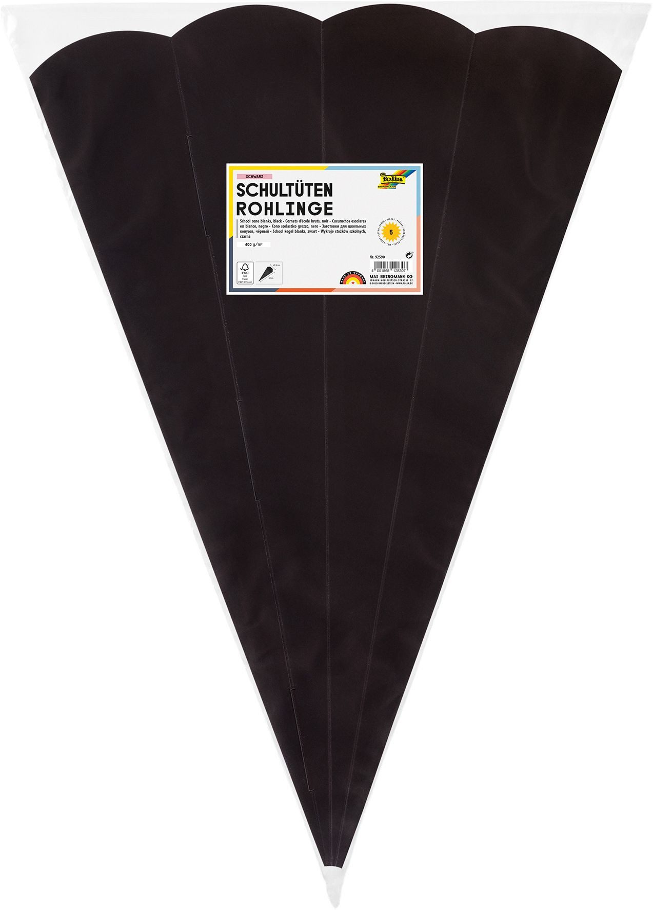 Folia Schultüte Folia 92590 Школьные ранцы Rohling - 68 cm, sechseckig, schwarz, 5er Pack