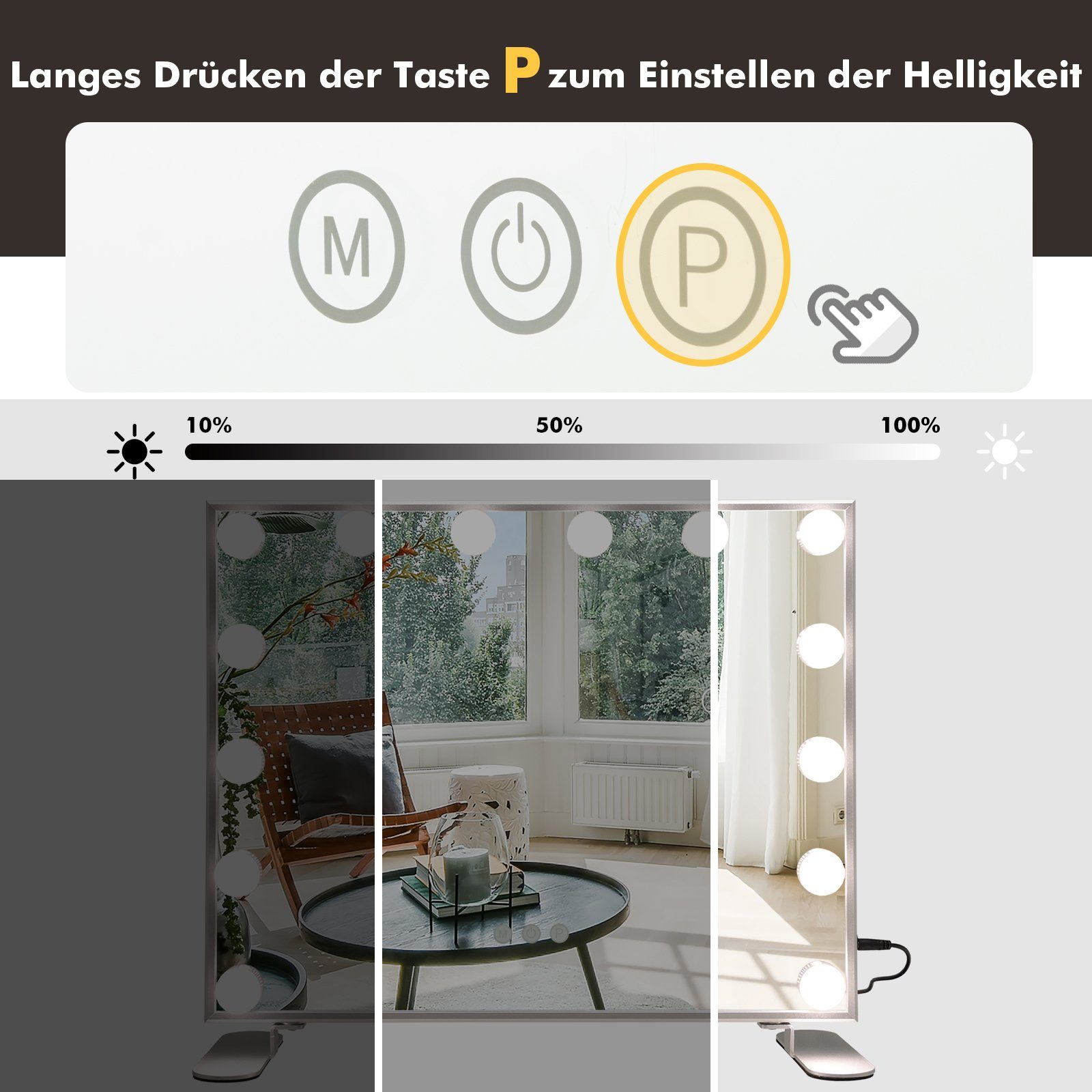 COSTWAY LED-Lichtspiegel, 2-in-1 Tischspiegel & Wandspiegel, 3 Lichtfarben