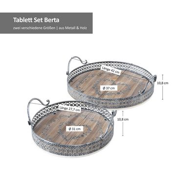 BOLTZE Dekotablett 2tlg Set Tablett Berta rund Ø27,7+37cm Herz Metall Deko-Teller Holz