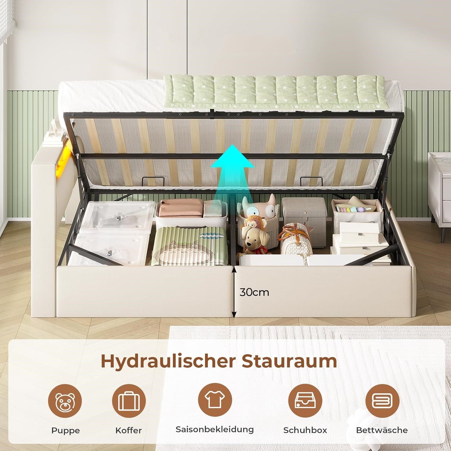 MSMASK Polsterbett mit USB-Steckdosen & LED-Kopftei, Hydraulischem Stauraum (1-tlg., Ohne Matratze), Daybett Kinderbett Jugendbett Schlafsofa 140x200 cm – Bild 5 von 5