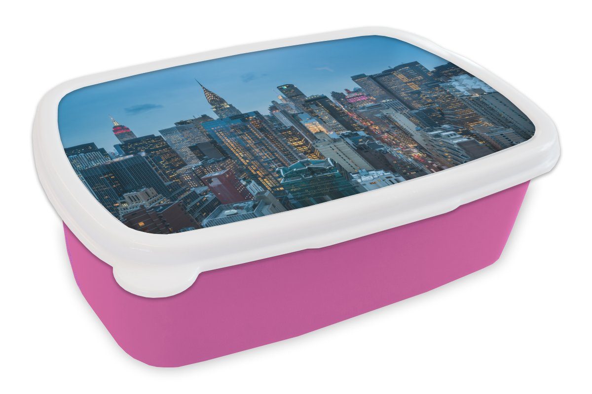 Lunchbox Snackbox, MuchoWow Brotdose Empire - für - Erwachsene, rosa Kunststoff York (2-tlg), Mädchen, Building, State New Skyline Kinder, Brotbox Kunststoff,