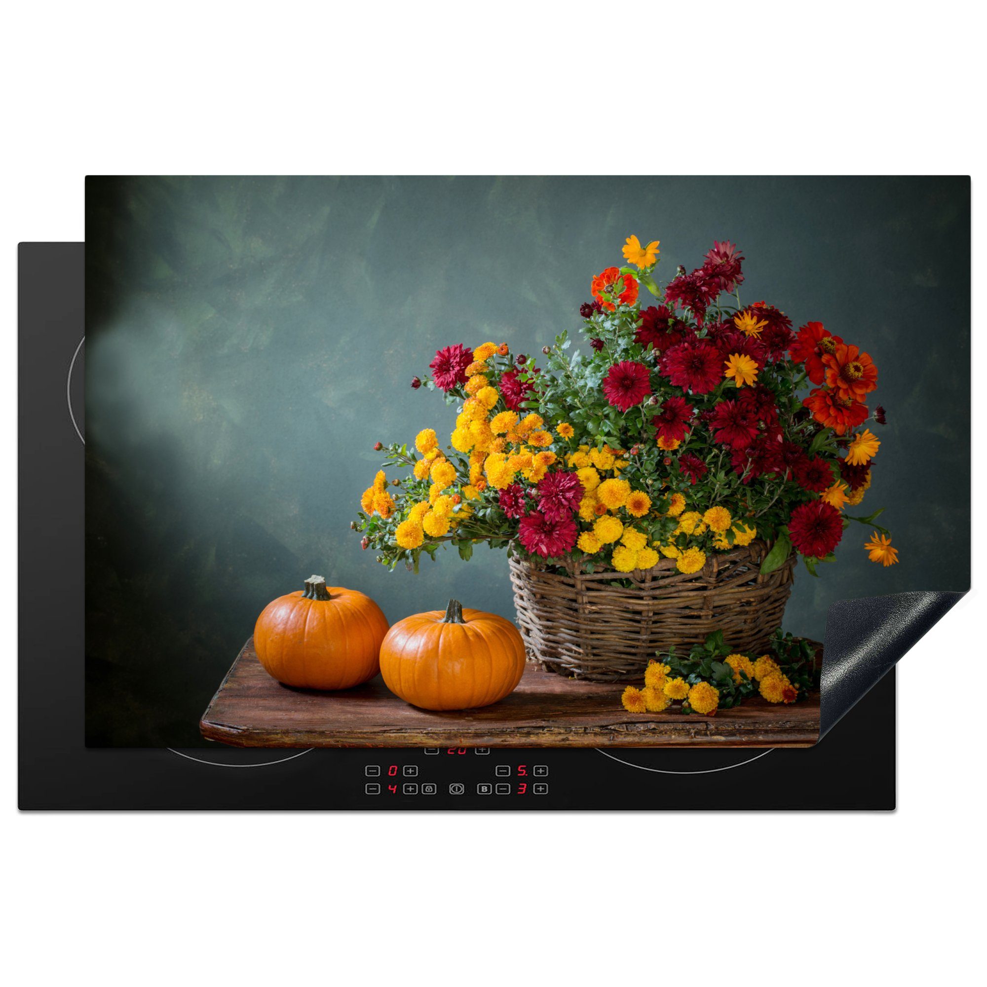 MuchoWow Herdblende-/Abdeckplatte Korb - Kürbis - Chrysantheme, Vinyl, (1 tlg), 81x52 cm, Induktionskochfeld Schutz für die küche, Ceranfeldabdeckung