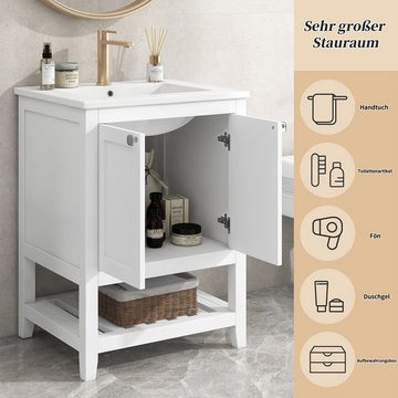 XDeer Waschtisch Badmöbel Einzel Waschtisch mit Unterschrank Keramik-Waschbecken, Weiß 60cm
