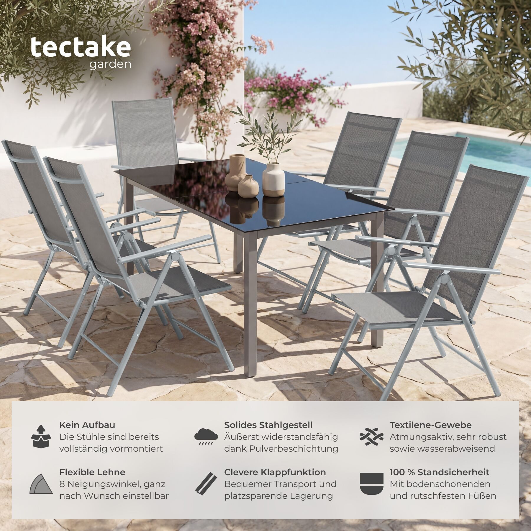 tectake Gartenstuhl klappbarer Terrassenstuhl mit Textilenem-Gewebe 54,5 x 65 x 107,5 cm (Gartensessel Marcellino, 2 St), wetterfest und UV-beständig, 8-fach verstellbare Rückenlehne