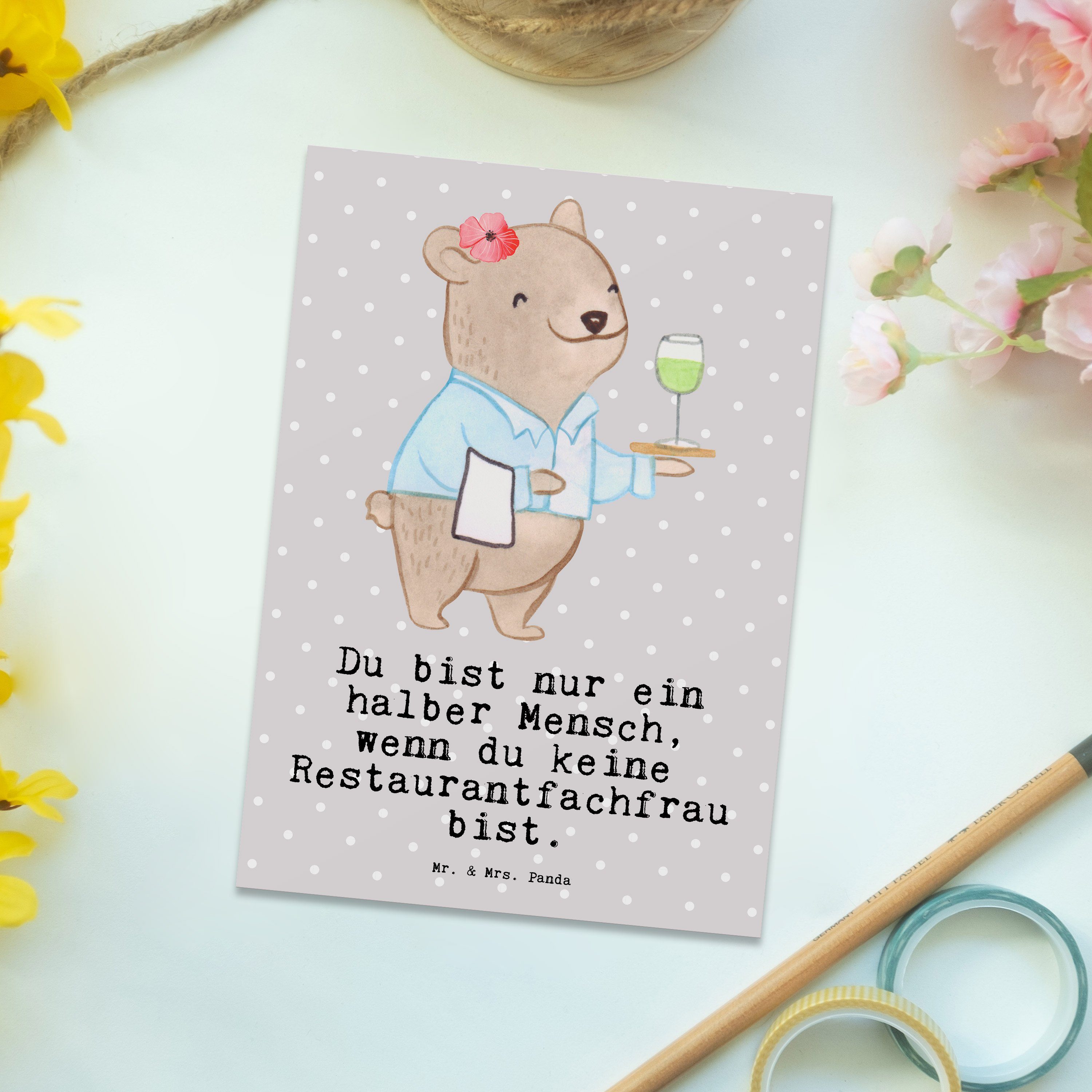Geschenk, Restaurantfachfrau mit Grau & Pastell Mrs. - Dankeschön, Mr. Au Panda - Herz Postkarte
