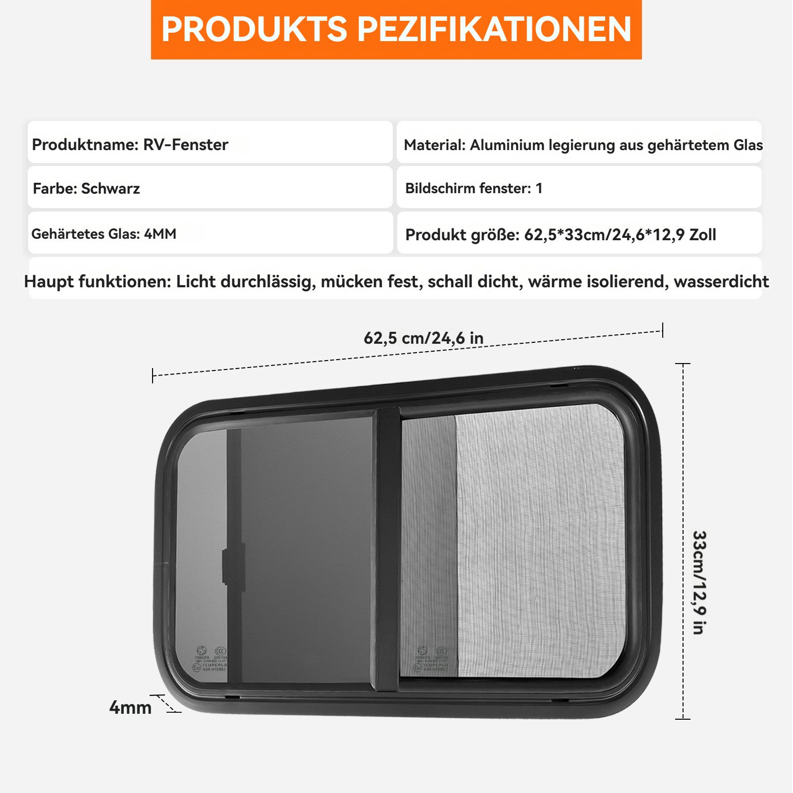 Vellora Fenster RV-Campingbus Fenster, farbiges Schiebefenster an der Seite, (1 St., Gefriertes Glas + Aluminiumlegierung), Mit Insektenabwehr-Funktion