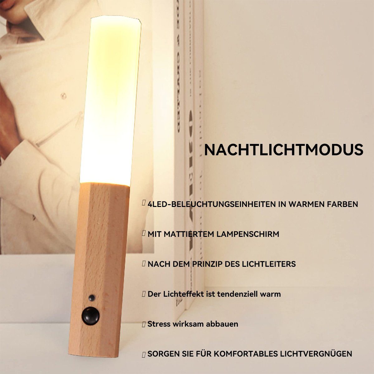 Welikera Wandleuchte 2 Stück Echtholz Smart Bewegungssensor Weiß Licht,Vielseitige gewachstes Holz Wandlampe