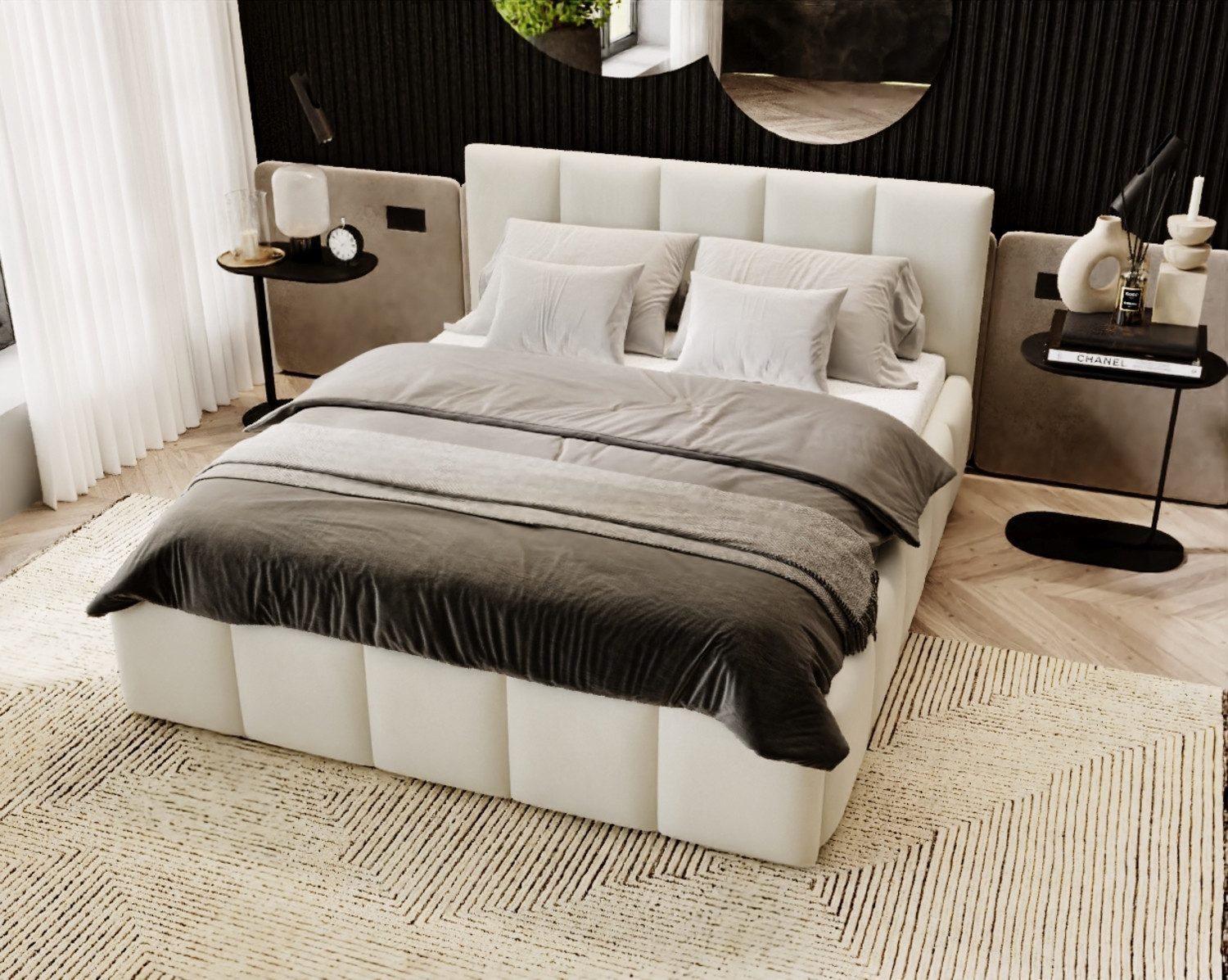 MOEBLO Polsterbett PASADO 140x200 (Doppelbett mit Kopfstütze, Rahmenbettgestell, Stauraumbett), gepolstertes Kopfteil, mit Bettkasten und Lattenrost