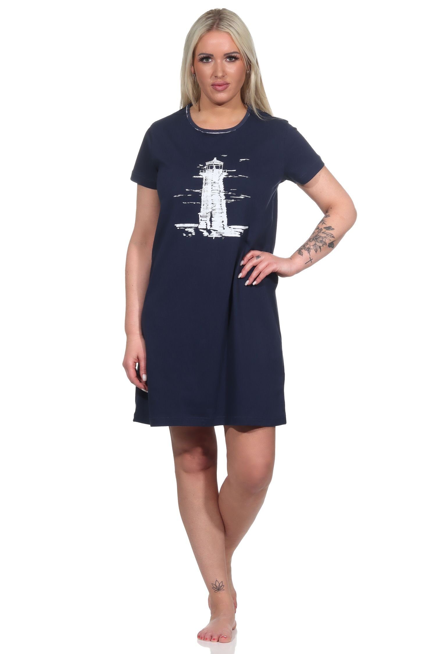 Normann Nachthemd Maritimes Damen kurzarm Nachthemd mit Leuchtturm Motiv marine