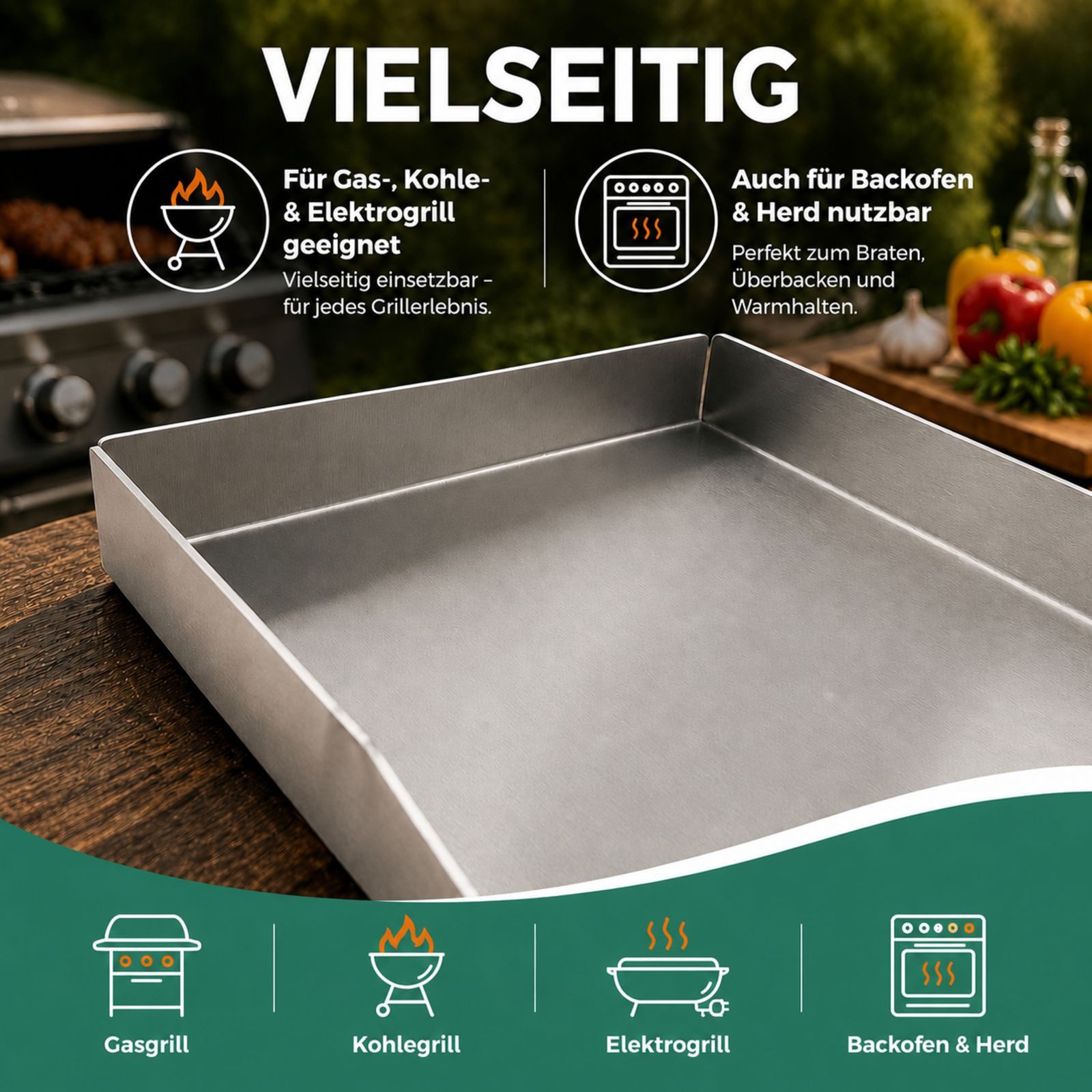 BURI Grillplatte Plancha Grillplatte Edelstahl 30x20x3,5 rostfrei Gasgrill Kohlegrill