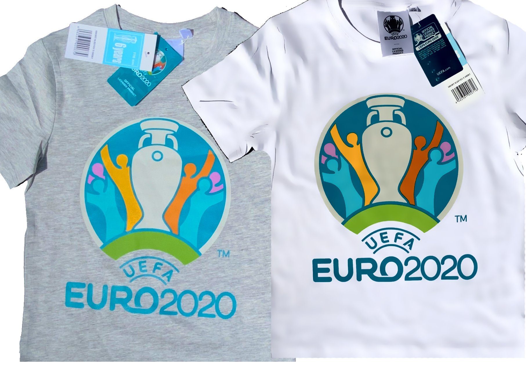 coole-fun-t-shirts T-Shirt Kinder T-Shirt EURO 2020 / 2021 Fußball Trikot  Shirt DOPPELPACK weiss und grau Europameisterschaft Jungen + Mädchen 6 8 10  12 Jahre Gr.116 128 140 152