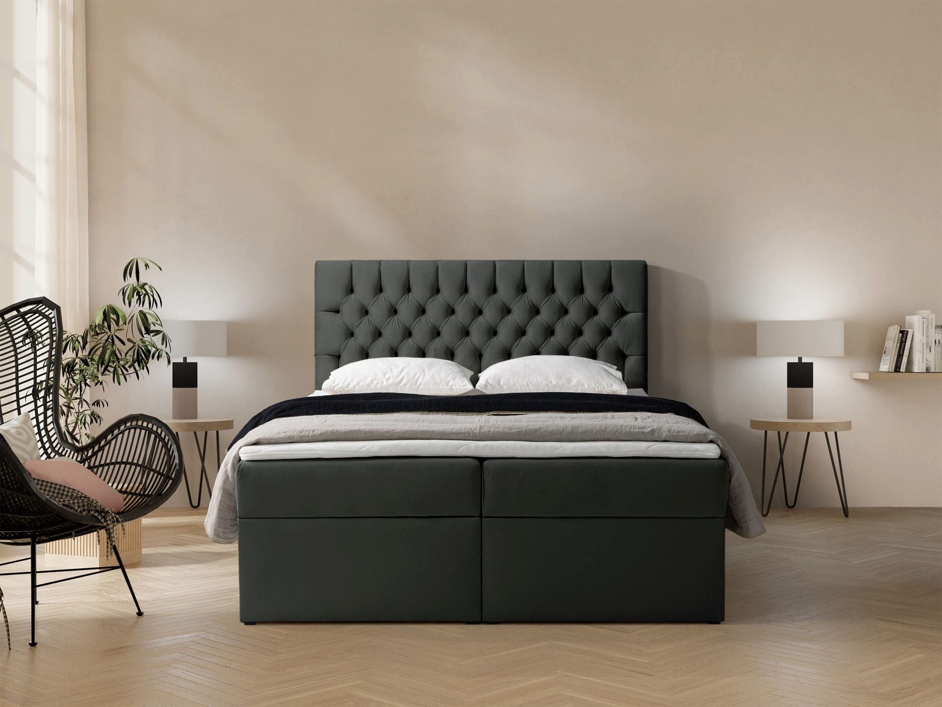 Selsey Boxbett DAISSY, Bett mit Kopfteil Matratze, Topper und Bettkasten, Velours